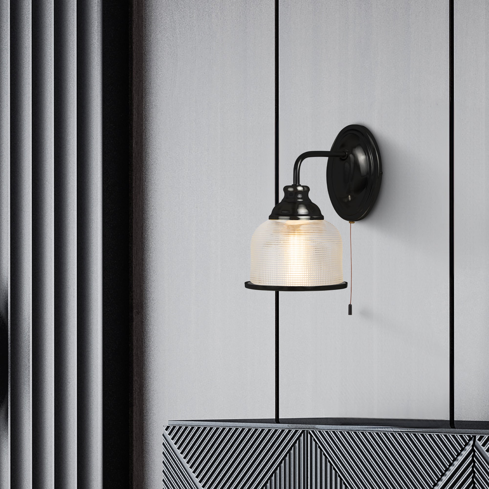 Searchlight Handel Wall Light - Matt Black Metal,Holophane Style Glass