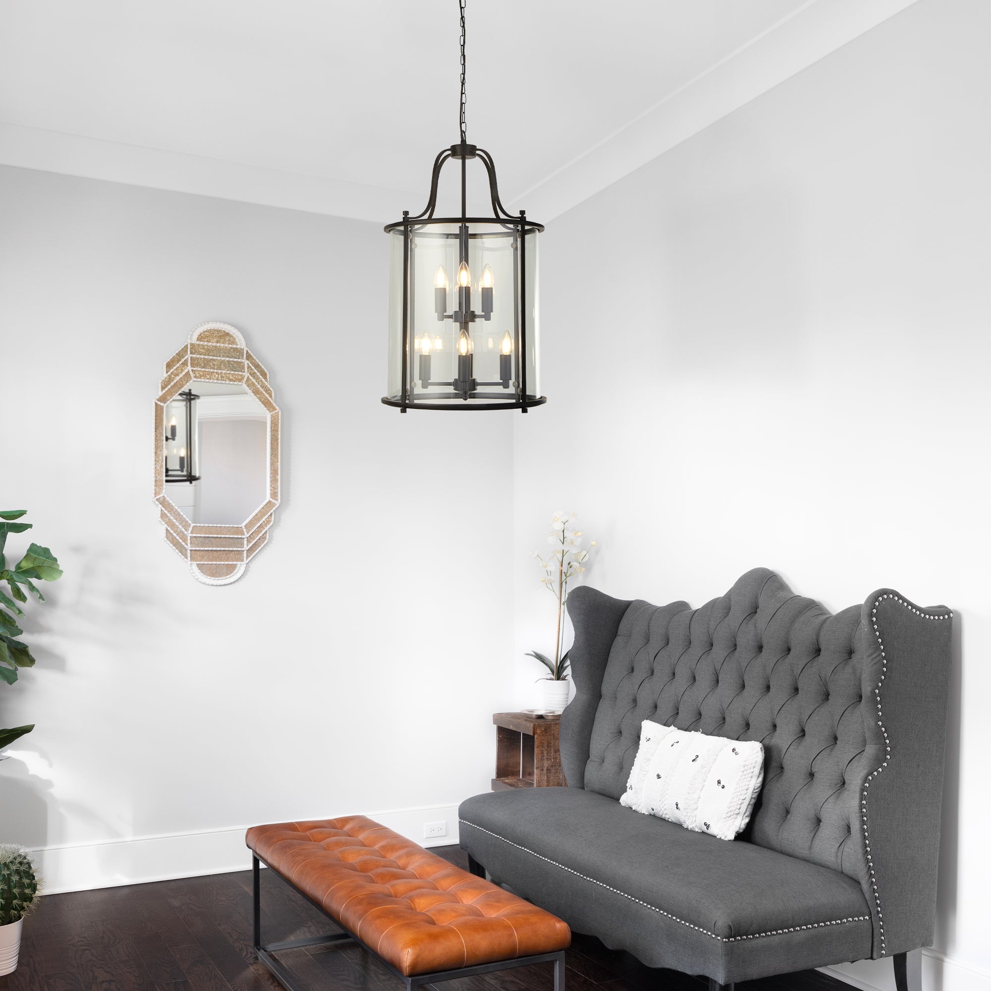 Searchlight Lake Grande 8 Light Pendant - Black & Glass