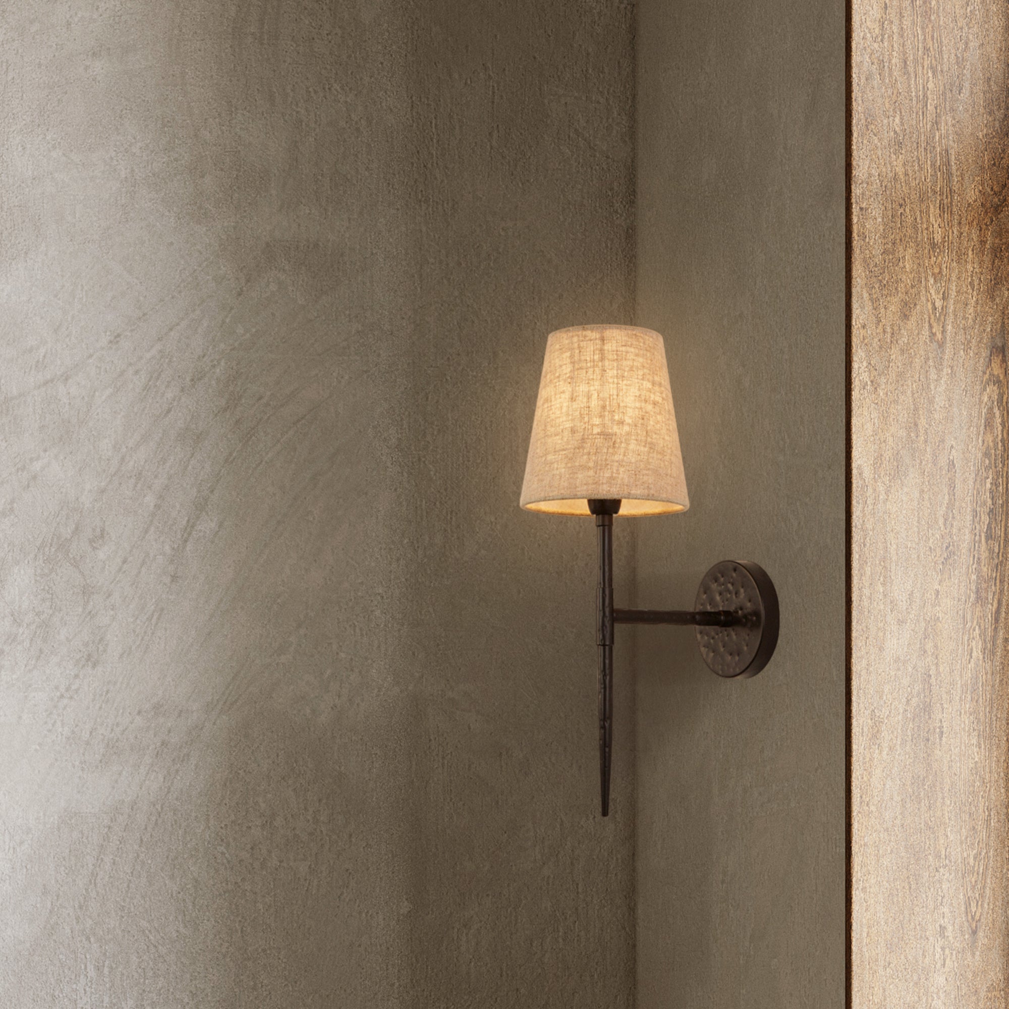 Searchlight Gibson Wall Light - Hammered Black Metal & Natural Linen