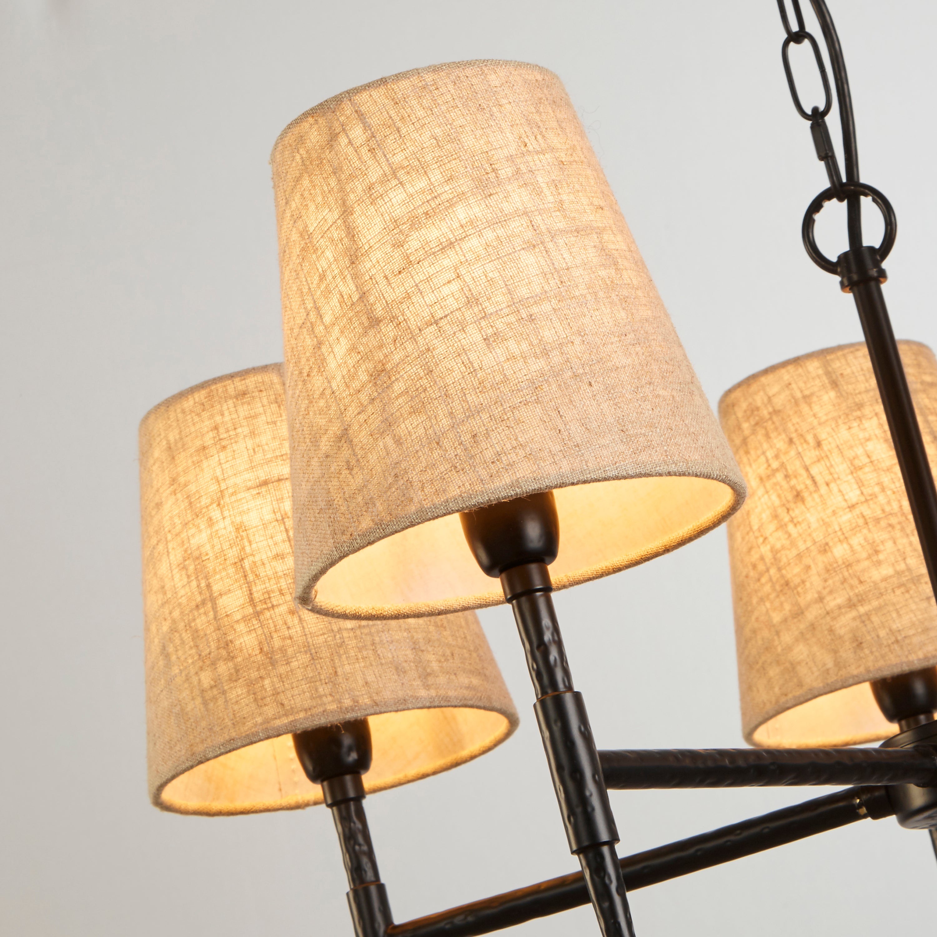 Searchlight Gibson 5 Light Pendant - Hammered Black Metal & Natural Linen