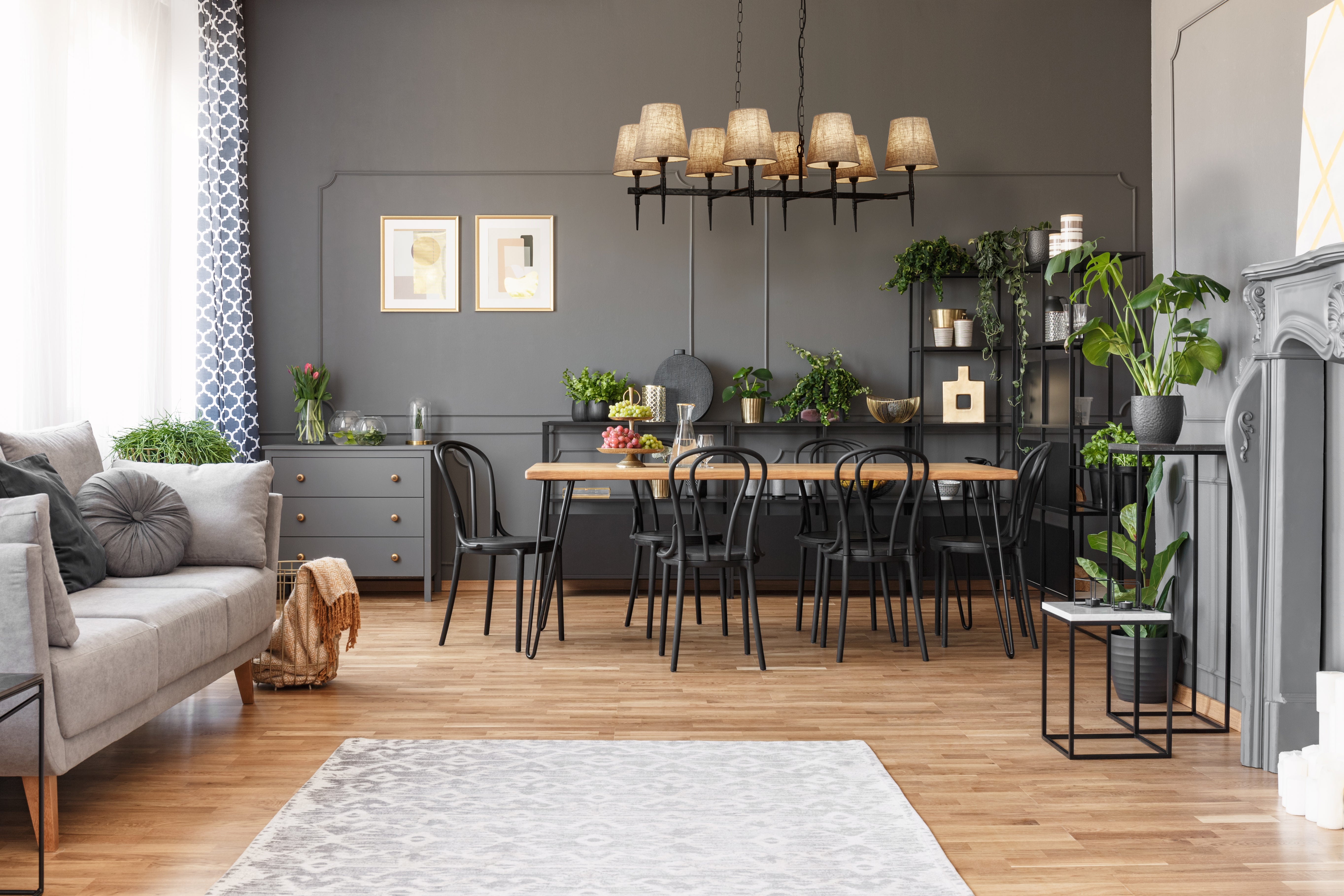 Searchlight Gibson 8 Light Bar Pendant - Hammered Black Metal & Natural Linen