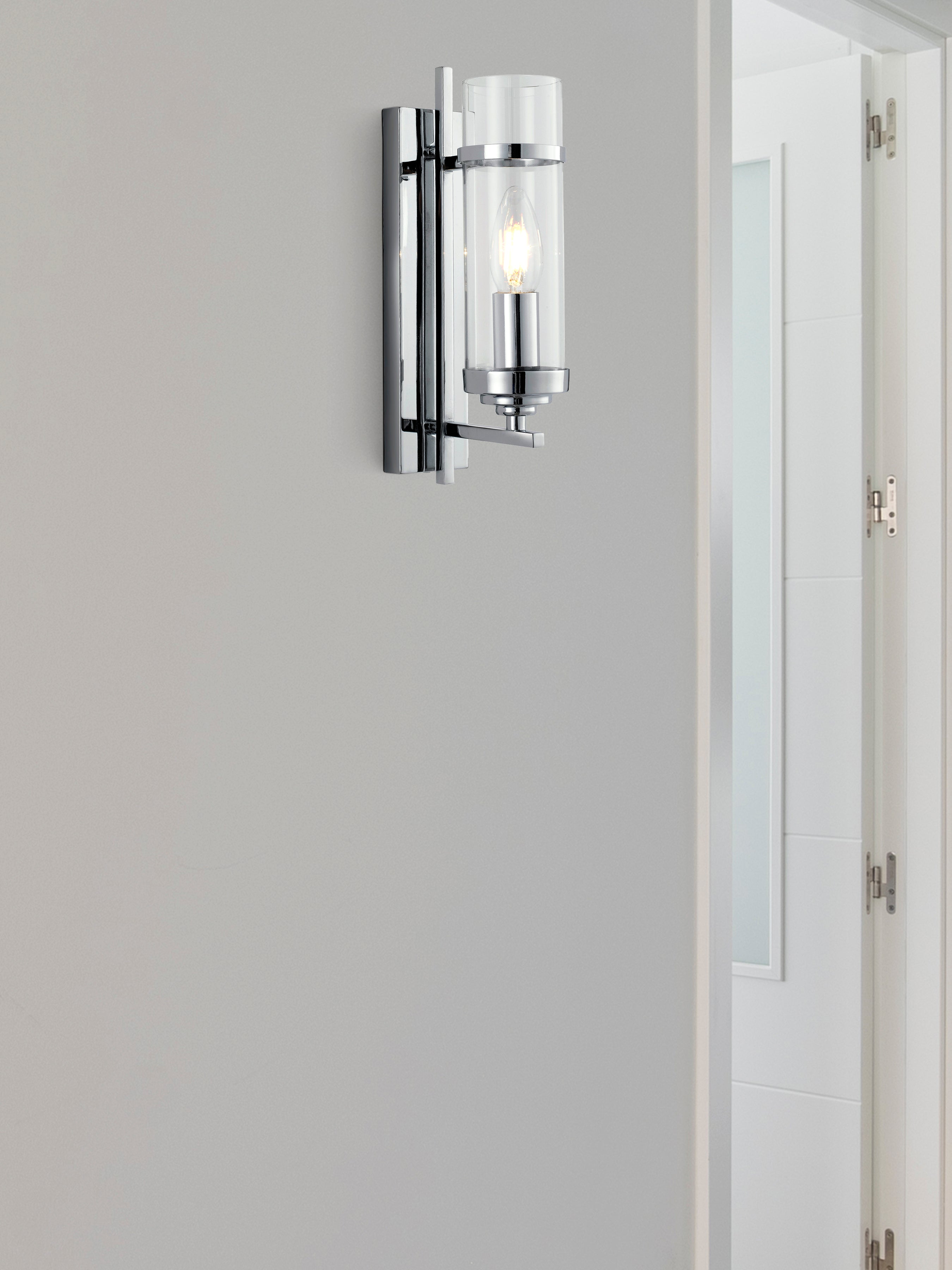 Searchlight Mere Chrome Wall Light With Clear Glass Cylinder Shade