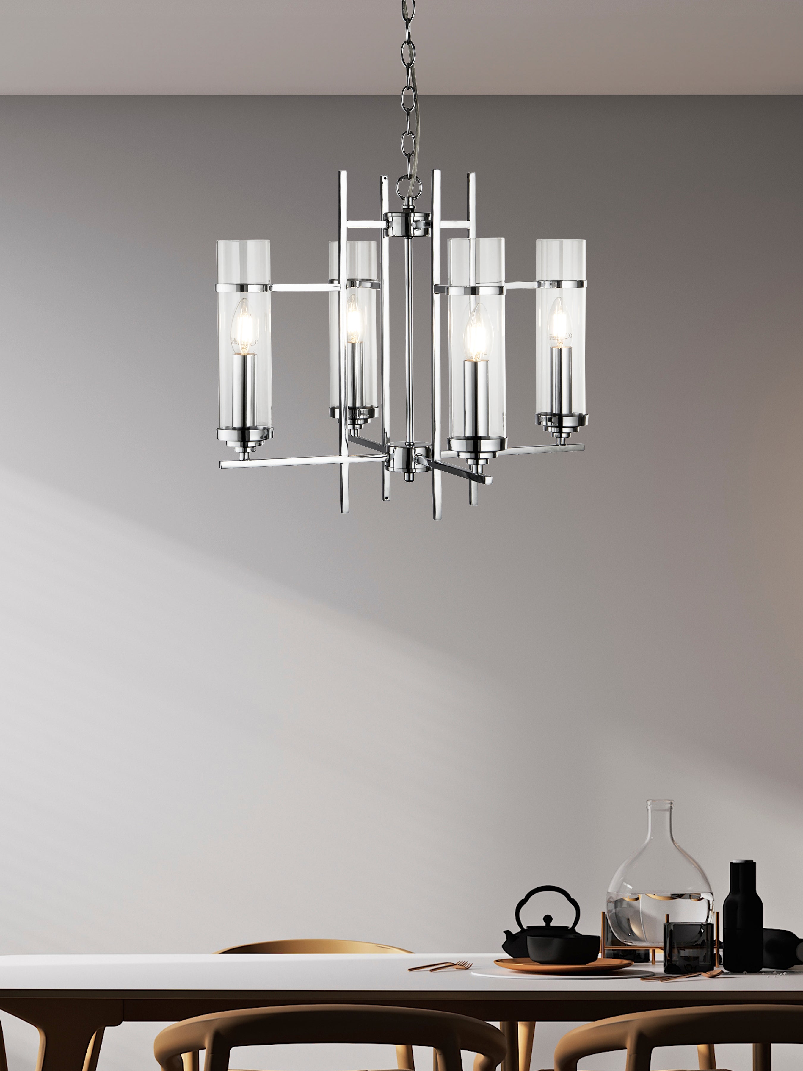 Searchlight Mere Chrome 4 Light Fitting With Clear Glass Cylinder Shades