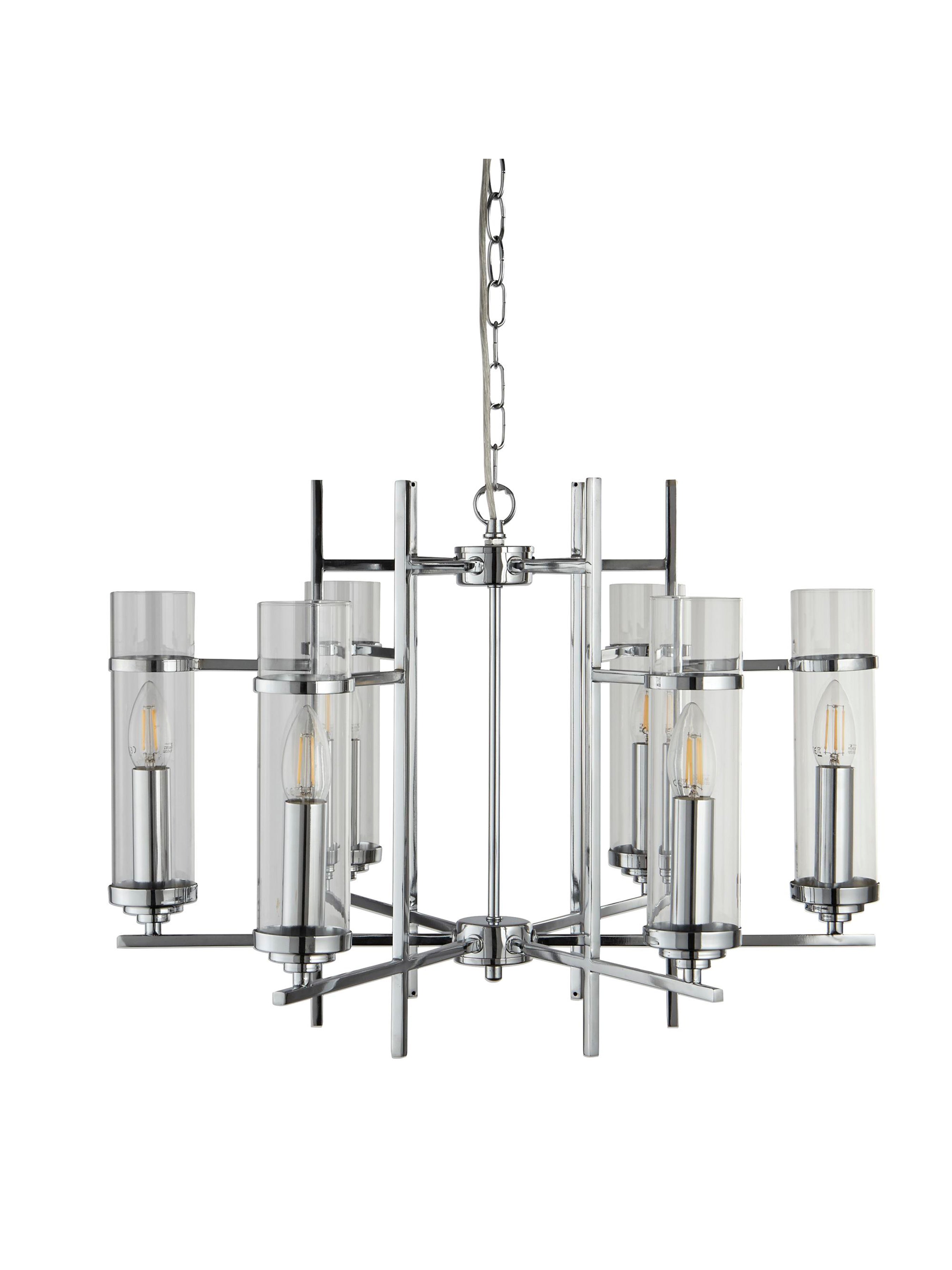 Searchlight Mere Chrome 6 Light Fitting With Clear Glass Cylinder Shades