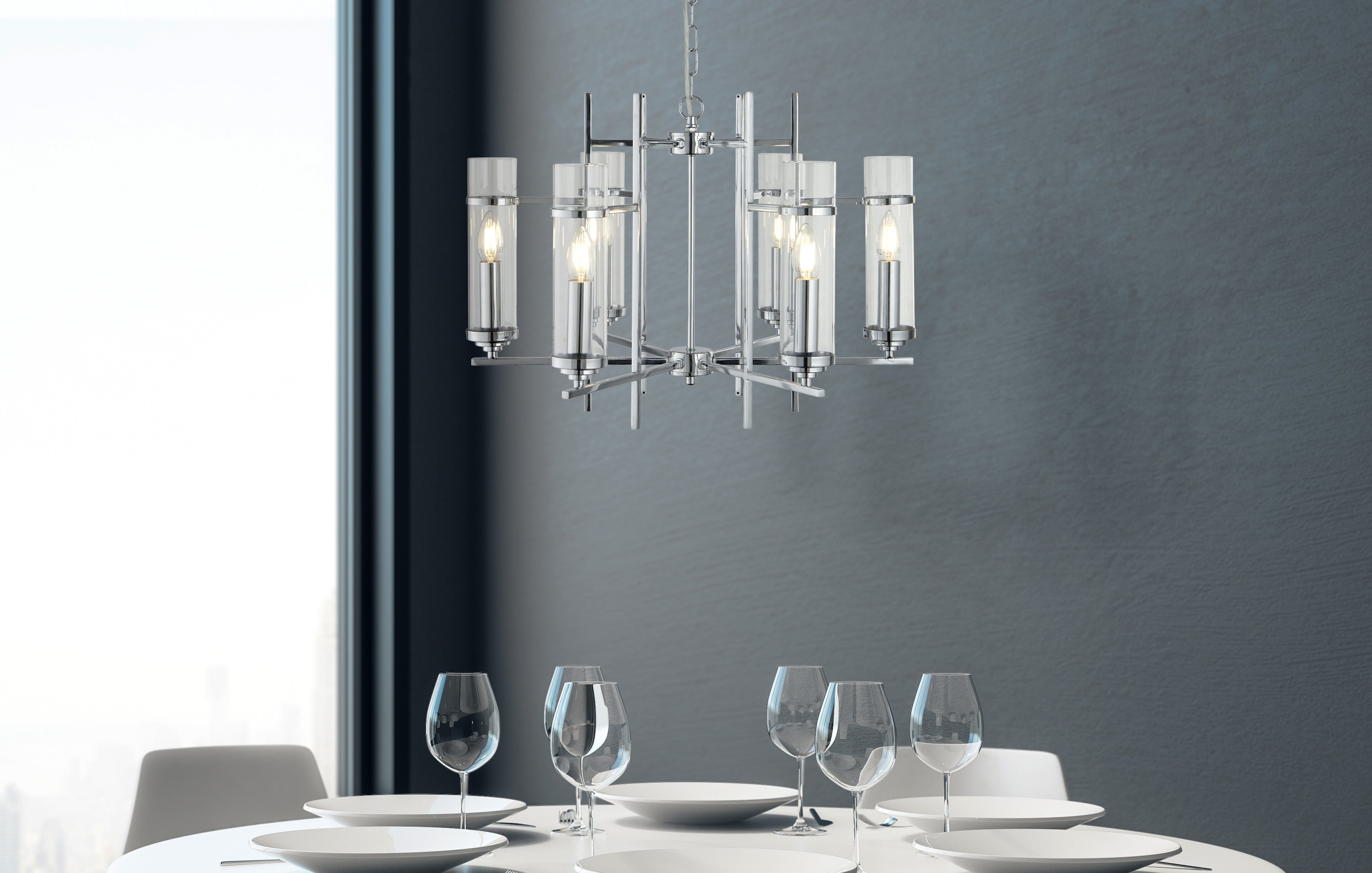 Searchlight Mere Chrome 6 Light Fitting With Clear Glass Cylinder Shades