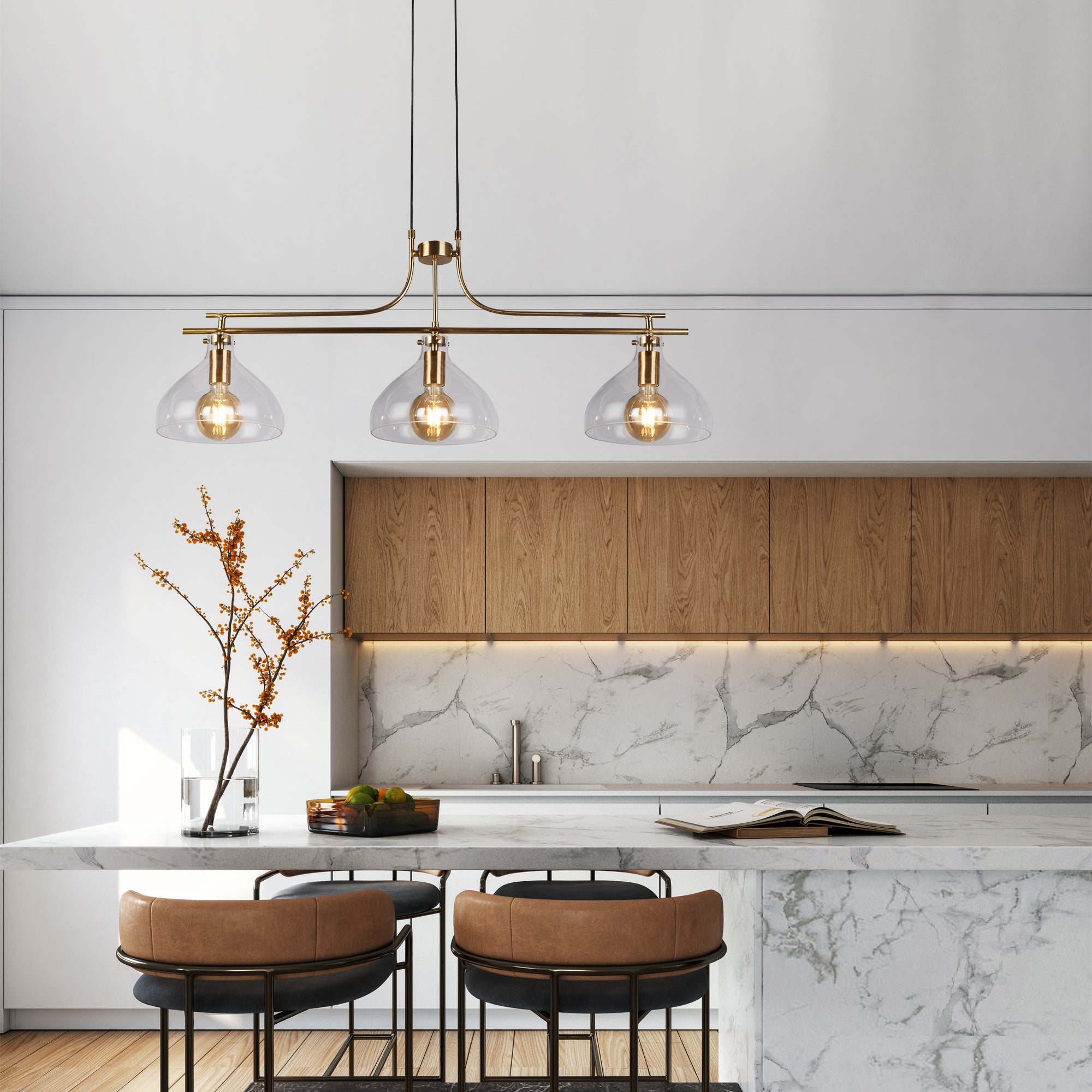 Searchlight Manesty 3 Light Bar Pendant - Brass Metal & Glass