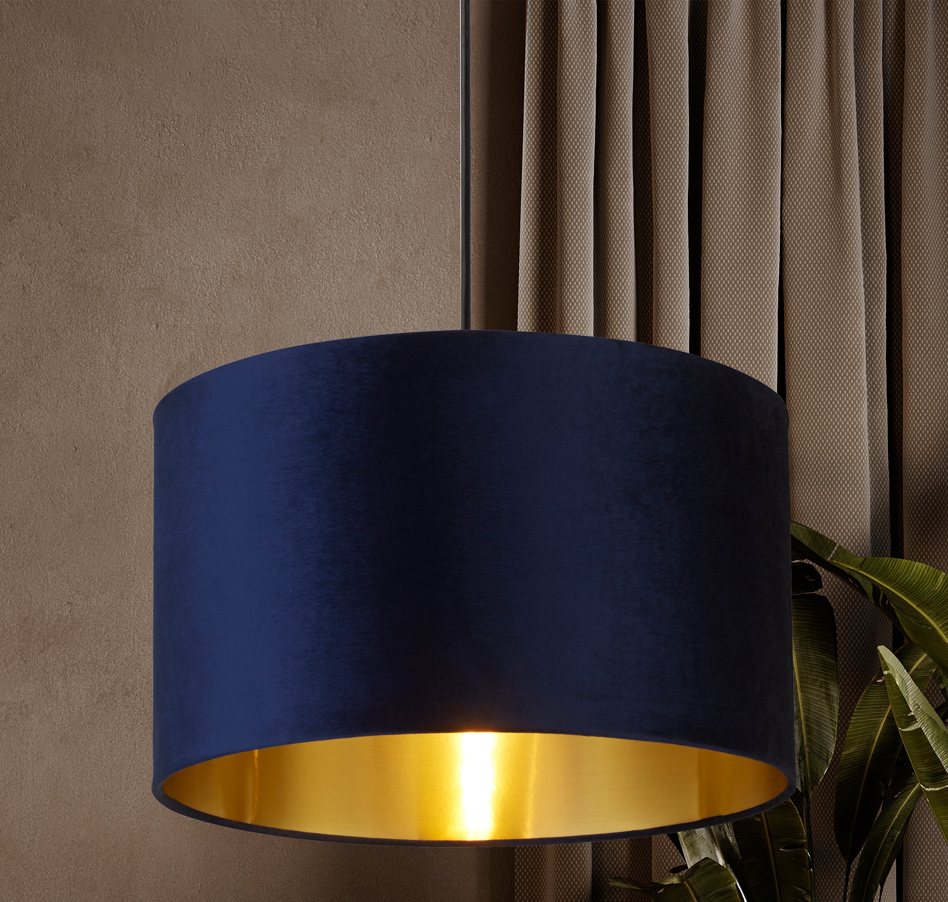 Searchlight Drum Shade - 40cm - Navy Velvet with Gold Inner - Shade Only