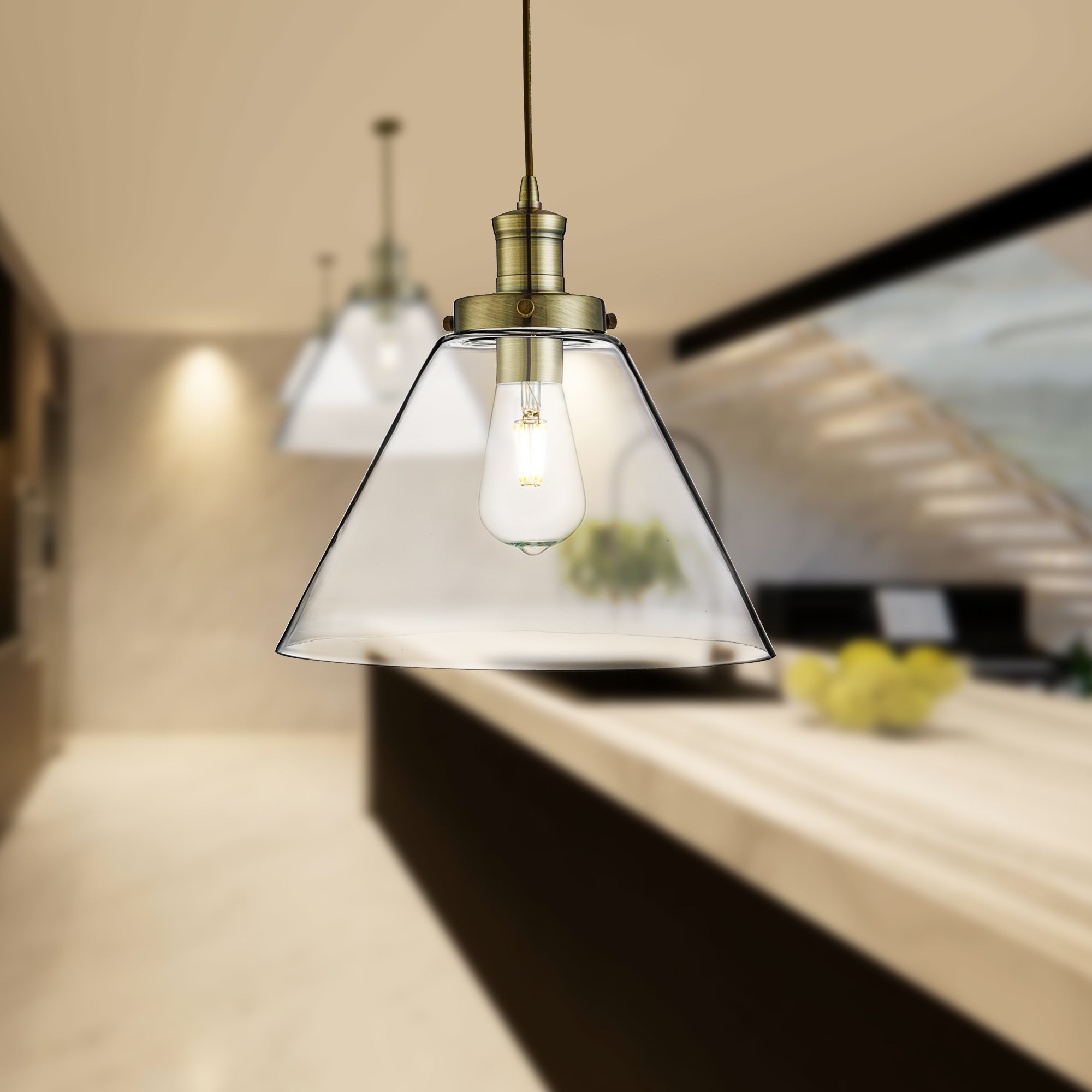Searchlight Picton Single Pendant, Antique Brass, Clear Picton Glass Shade