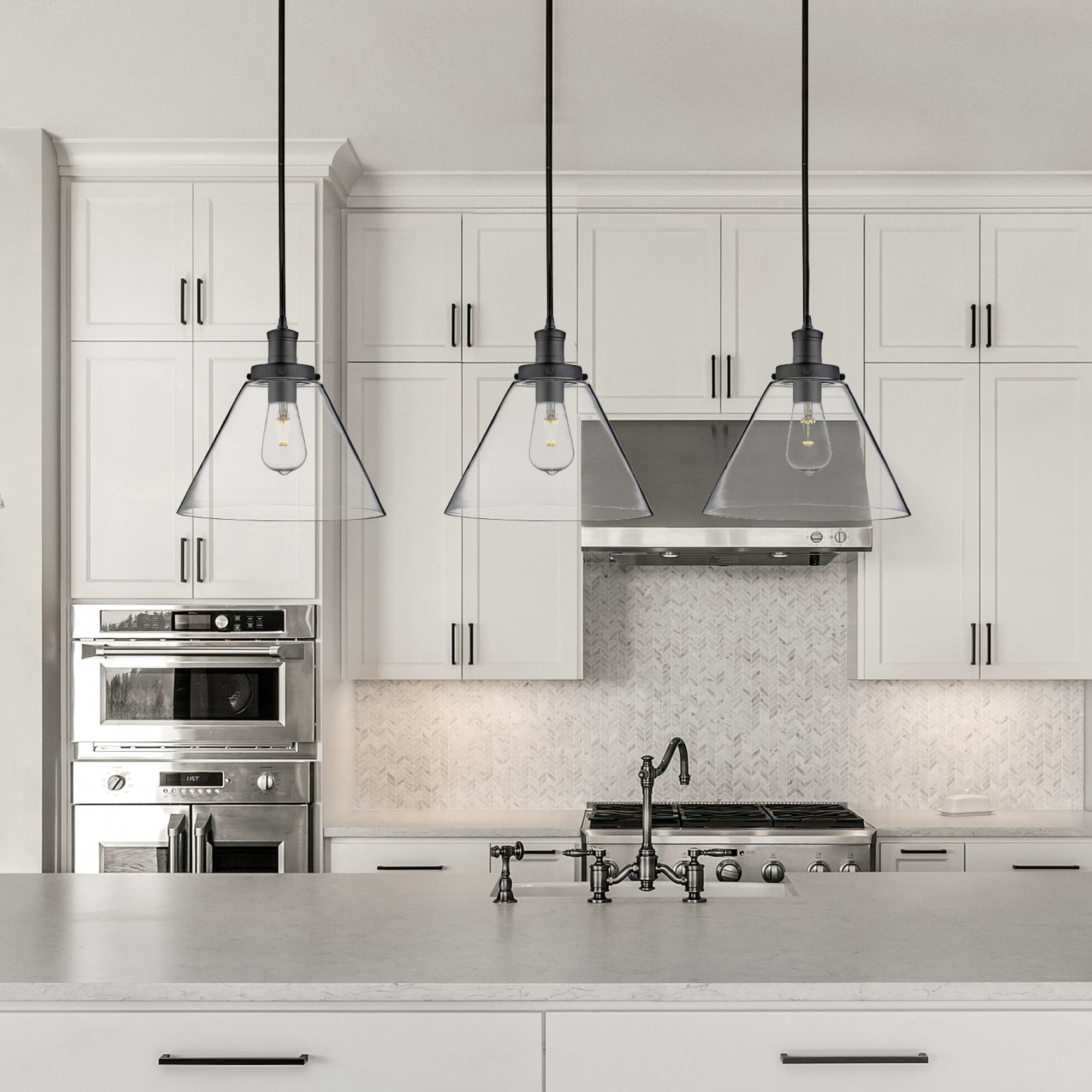 Searchlight Picton Single Pendant, Matt Black, Clear Picton Glass Shade