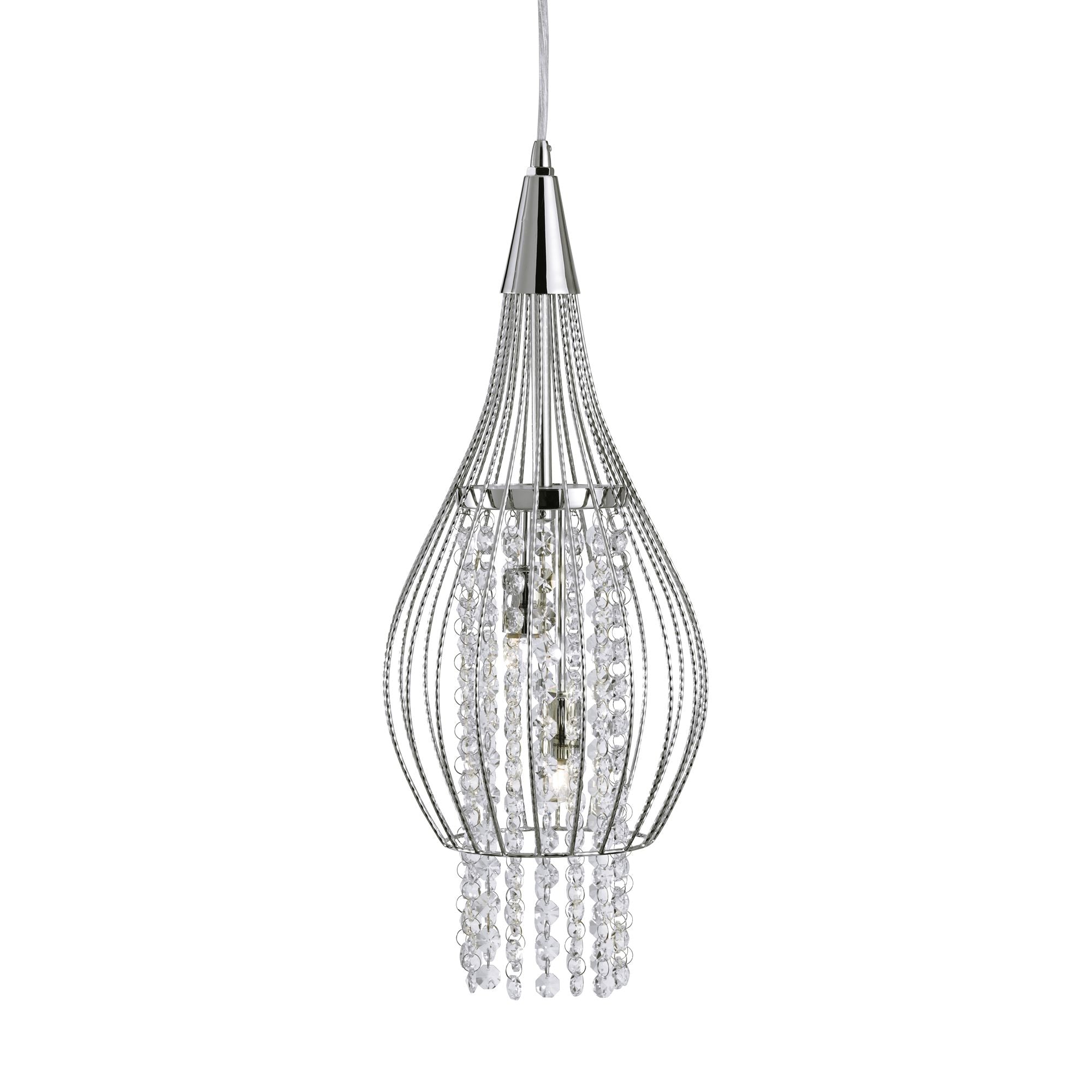 Searchlight Rathbone - 2 Light Cage Frame Pendant, Chrome With Clear Crystal Buttons Drops Deco