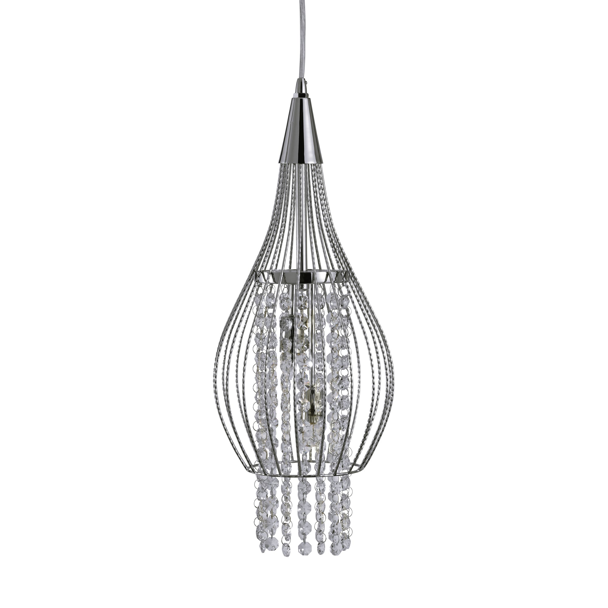 Searchlight Rathbone - 2 Light Cage Frame Pendant, Chrome With Clear Crystal Buttons Drops Deco