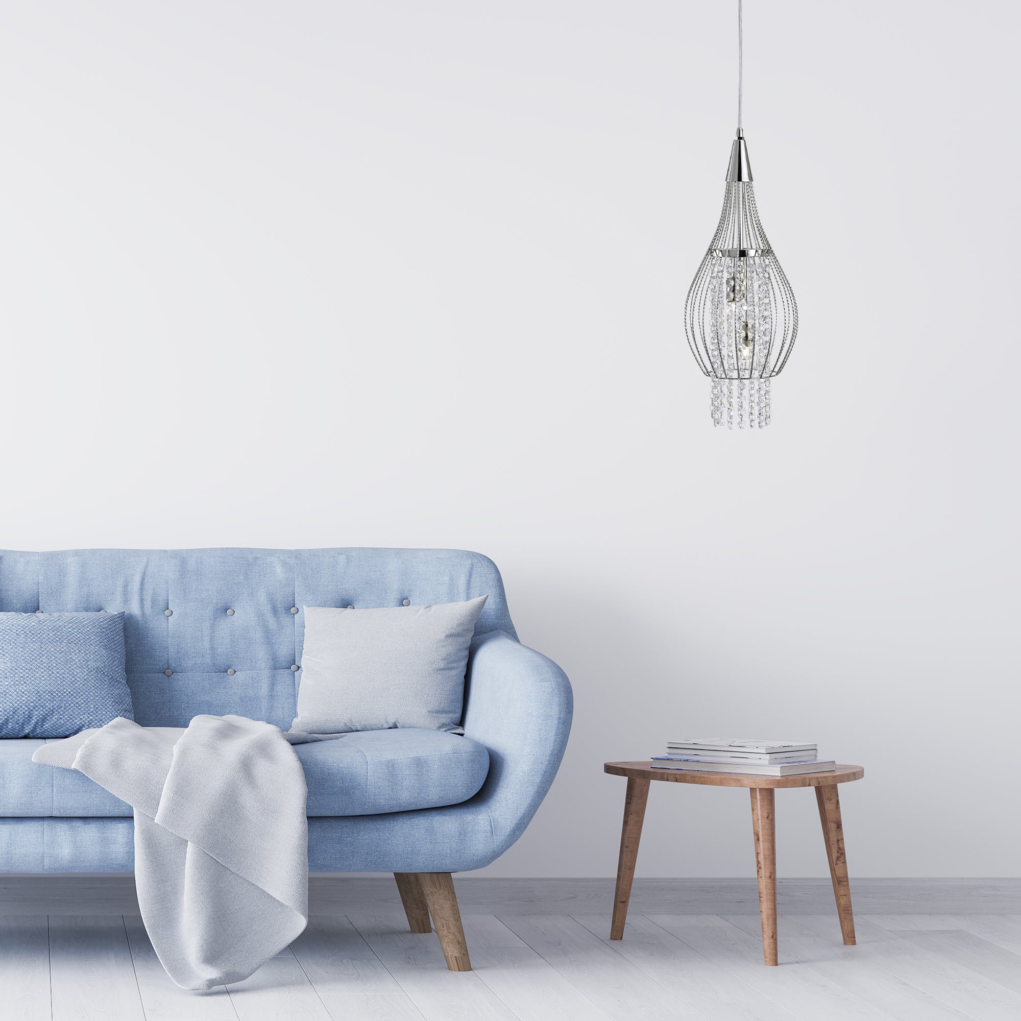 Searchlight Rathbone - 2 Light Cage Frame Pendant, Chrome With Clear Crystal Buttons Drops Deco