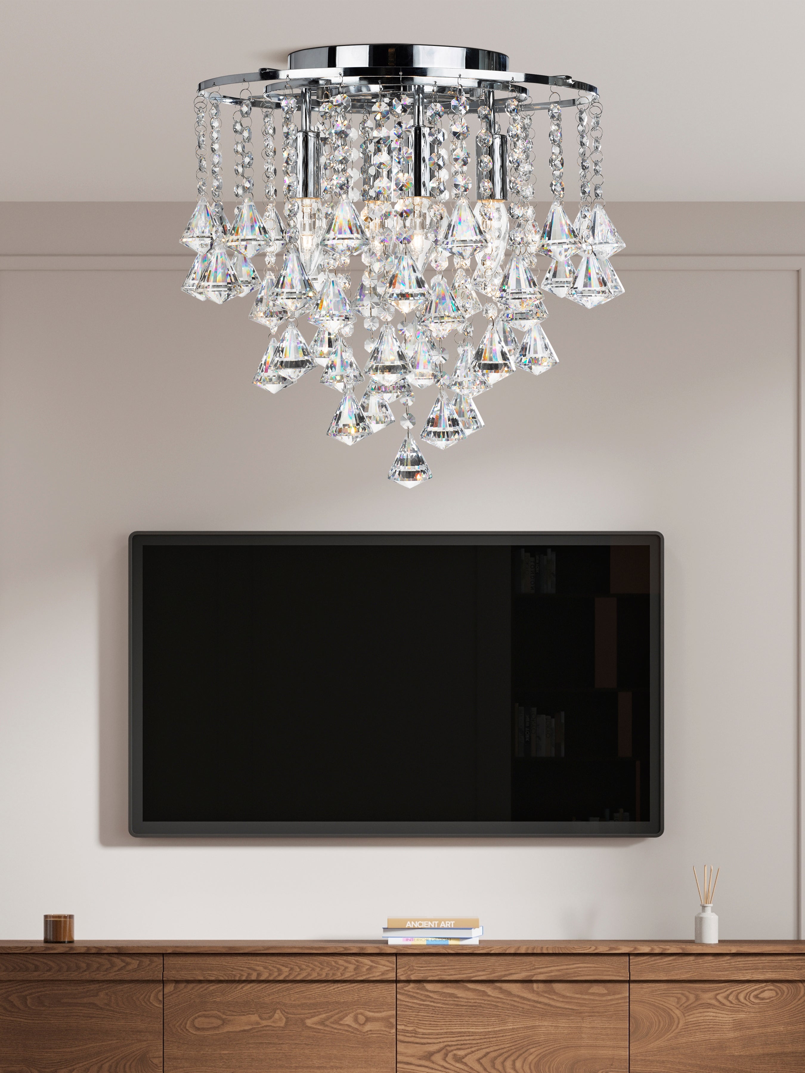 Searchlight Dart - 4 Light Flush Ceiling, Chrome With Clear Crystal Buttons & Pyramid Drops