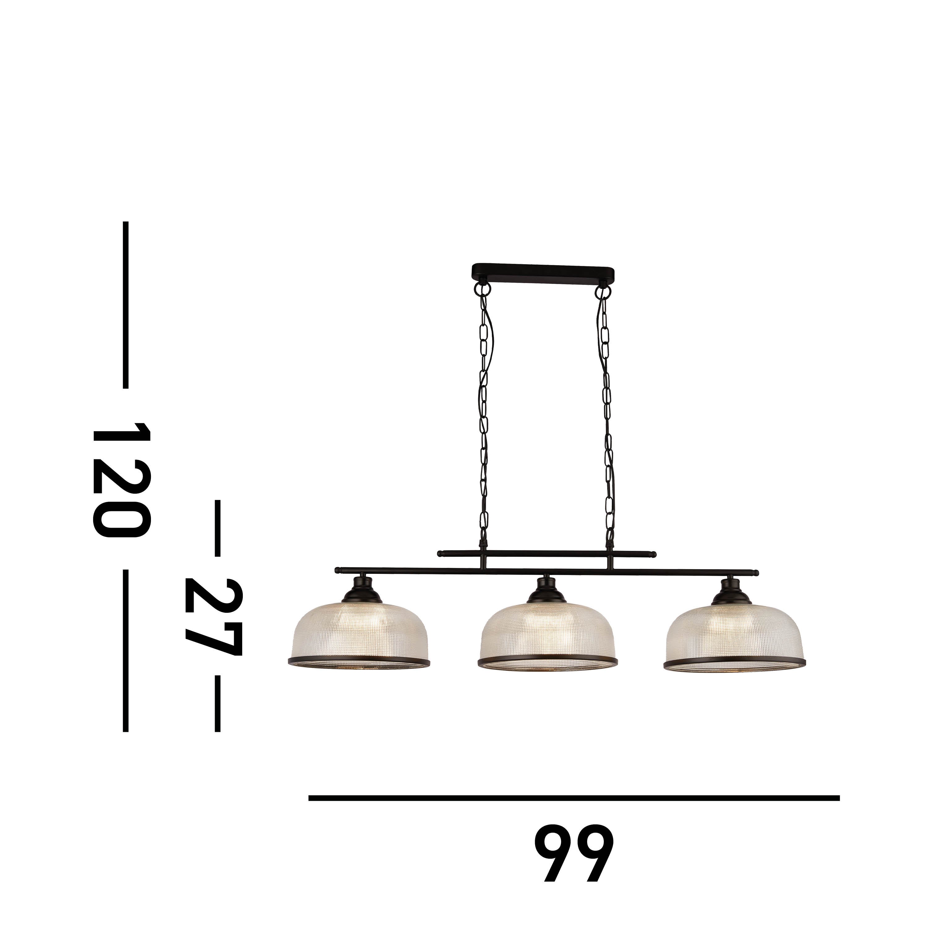 Searchlight Handel Linear 3 Light Pendant - Black Metal & Holophane Style Glass