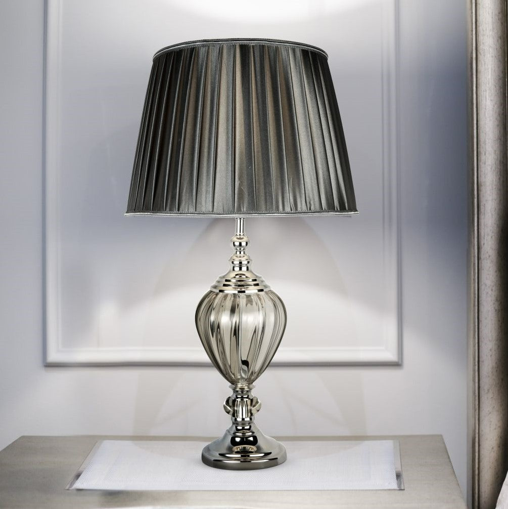 Searchlight Gill Table Lamp - Clear Glass Urn Base, Pewter Pleated Tapered Shade