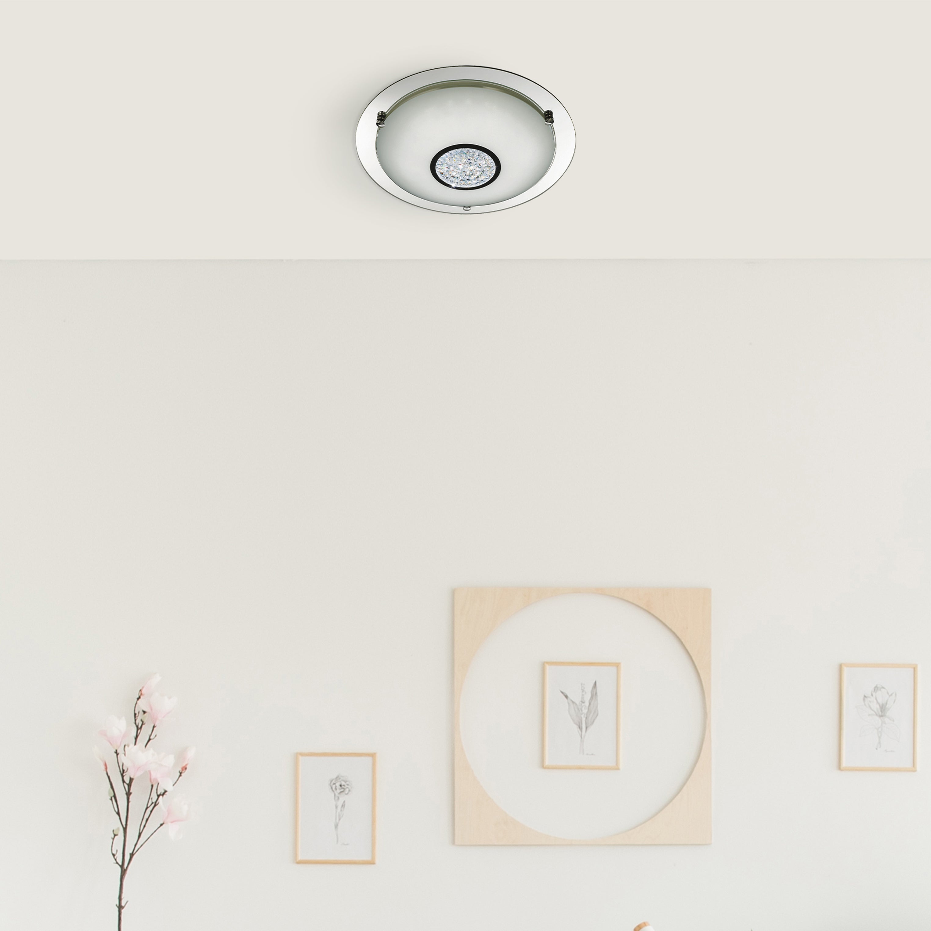 Searchlight Chrome 24 LED Flush Light With White Glass Shade & Crystal Inner Decoration IP44