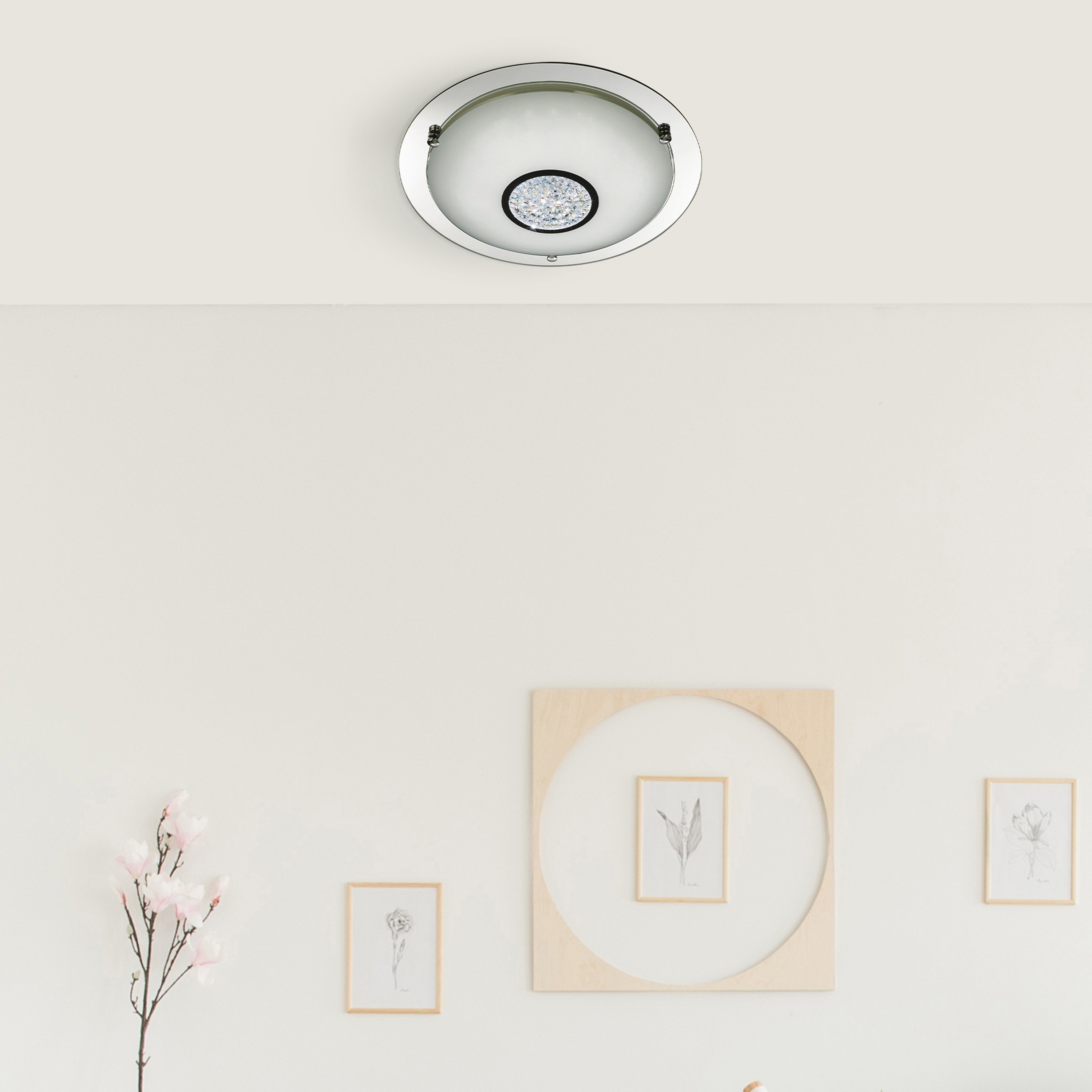 Searchlight Chrome 36 LED Flush Light With White Glass Shade & Crystal Inner Decoration IP44