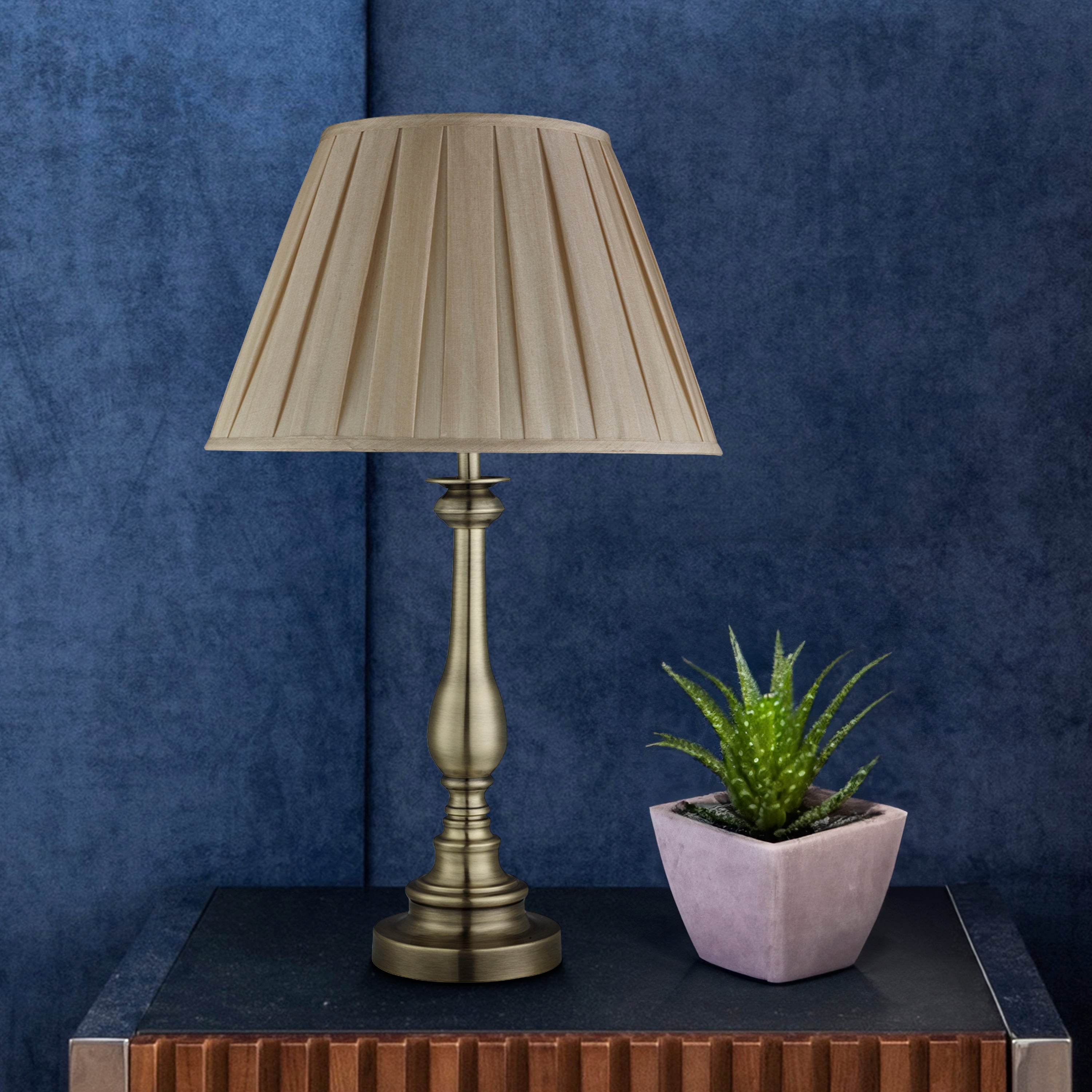 Searchlight Fearnside Table Lamp, Spindle Base, Antique Brass, Mink Pleated Shade