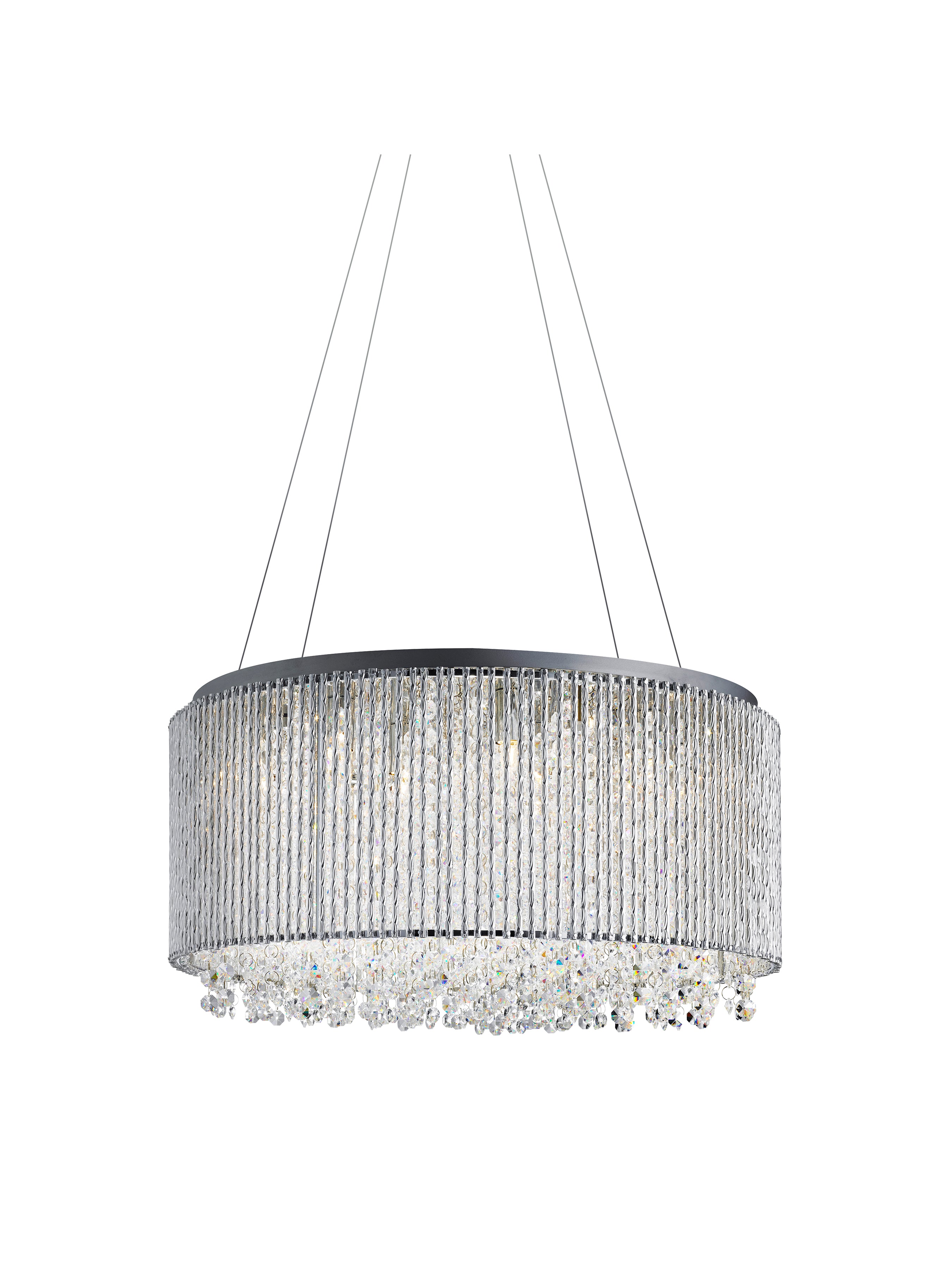 Searchlight Barrington 8 Light Drum Pendant, Chrome, Clear Crystal Button Drops, Aluminium Outer Trim