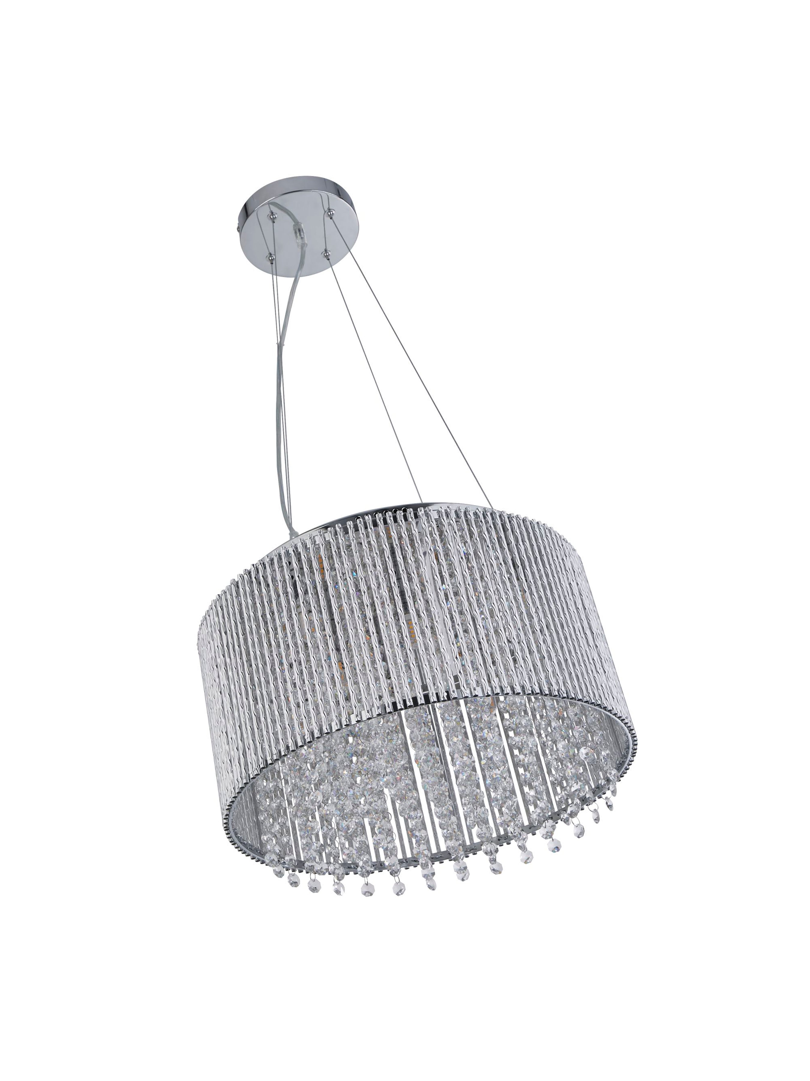 Searchlight Barrington 8 Light Drum Pendant, Chrome, Clear Crystal Button Drops, Aluminium Outer Trim
