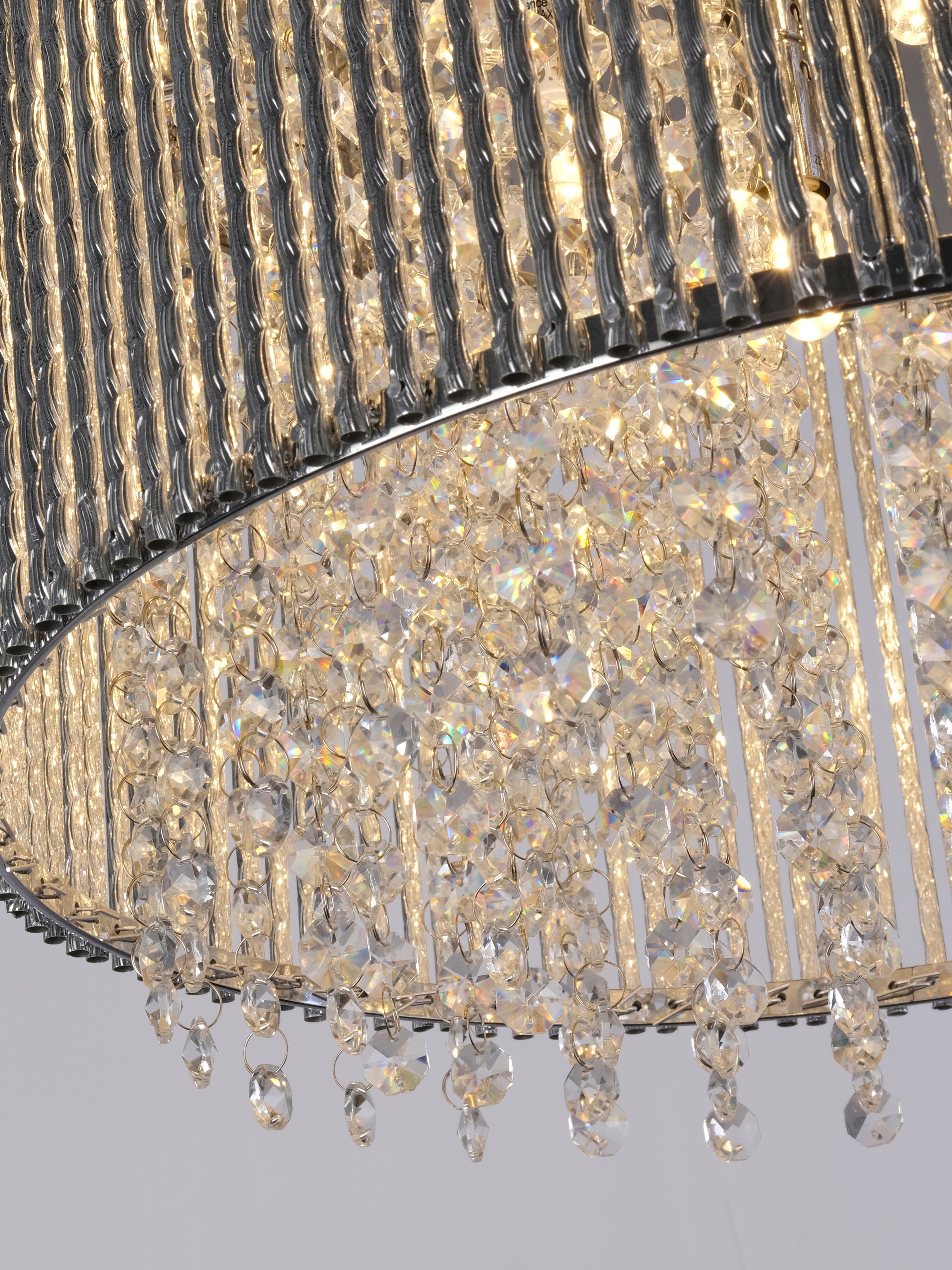 Searchlight Barrington 8 Light Drum Pendant, Chrome, Clear Crystal Button Drops, Aluminium Outer Trim