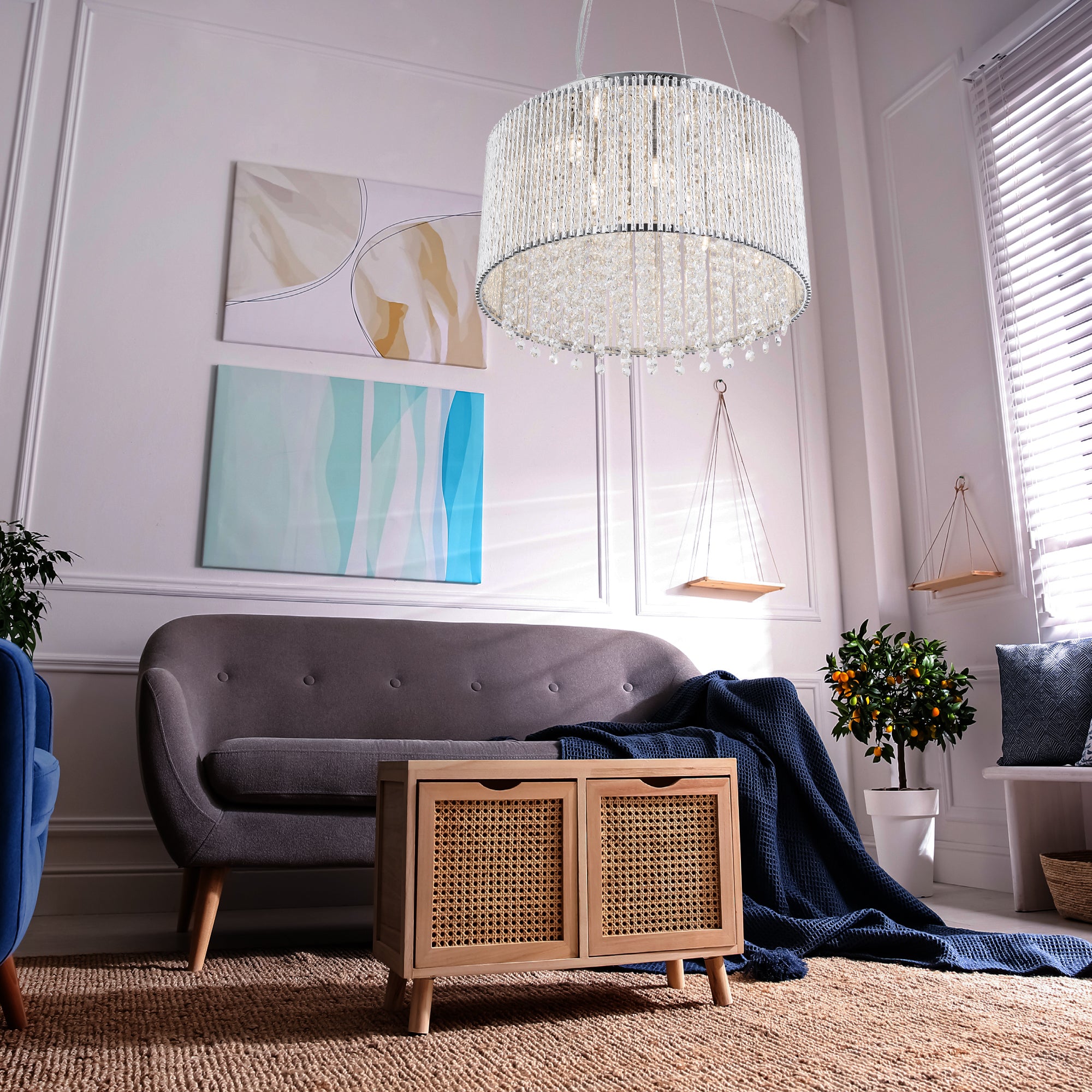 Searchlight Barrington 8 Light Drum Pendant, Chrome, Clear Crystal Button Drops, Aluminium Outer Trim