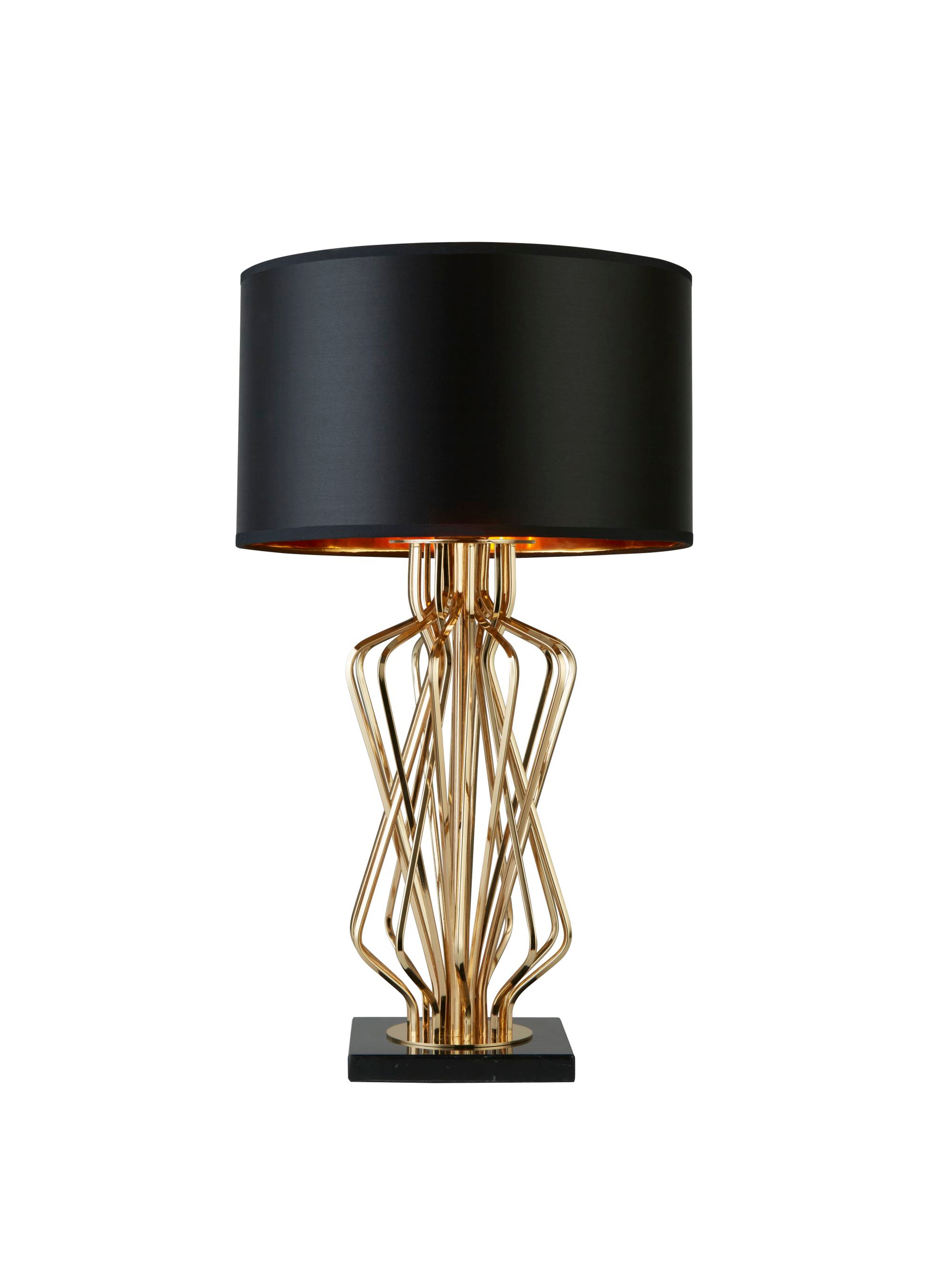 Searchlight Effingham Table Lamp With Marble Base, Gold With Black Drum Shade, Gold Interior