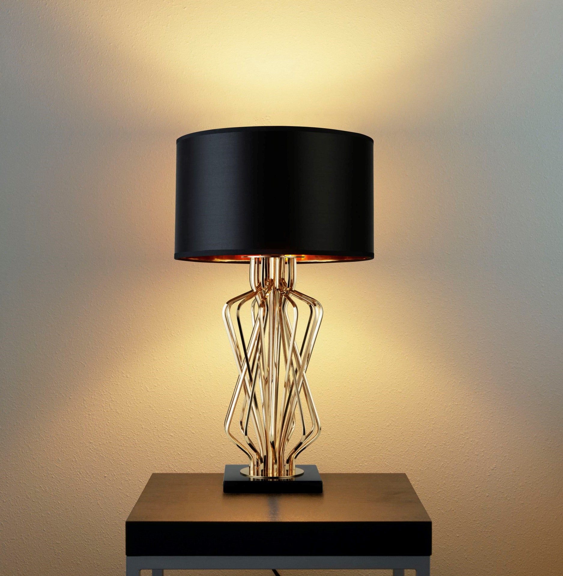 Searchlight Effingham Table Lamp With Marble Base, Gold With Black Drum Shade, Gold Interior