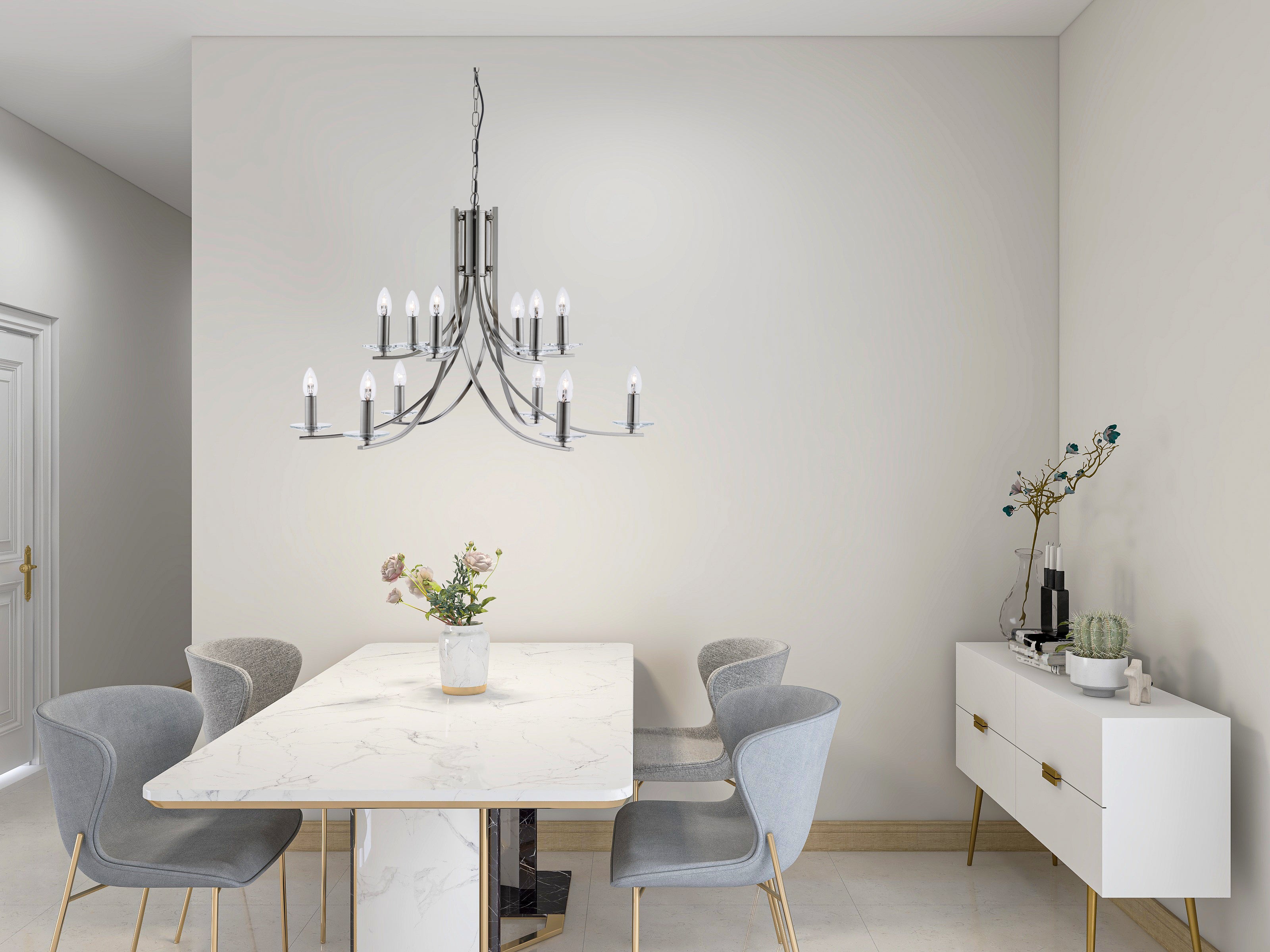 Searchlight Archer 12 Light Pendant - Satin Silver & Glass Sconces