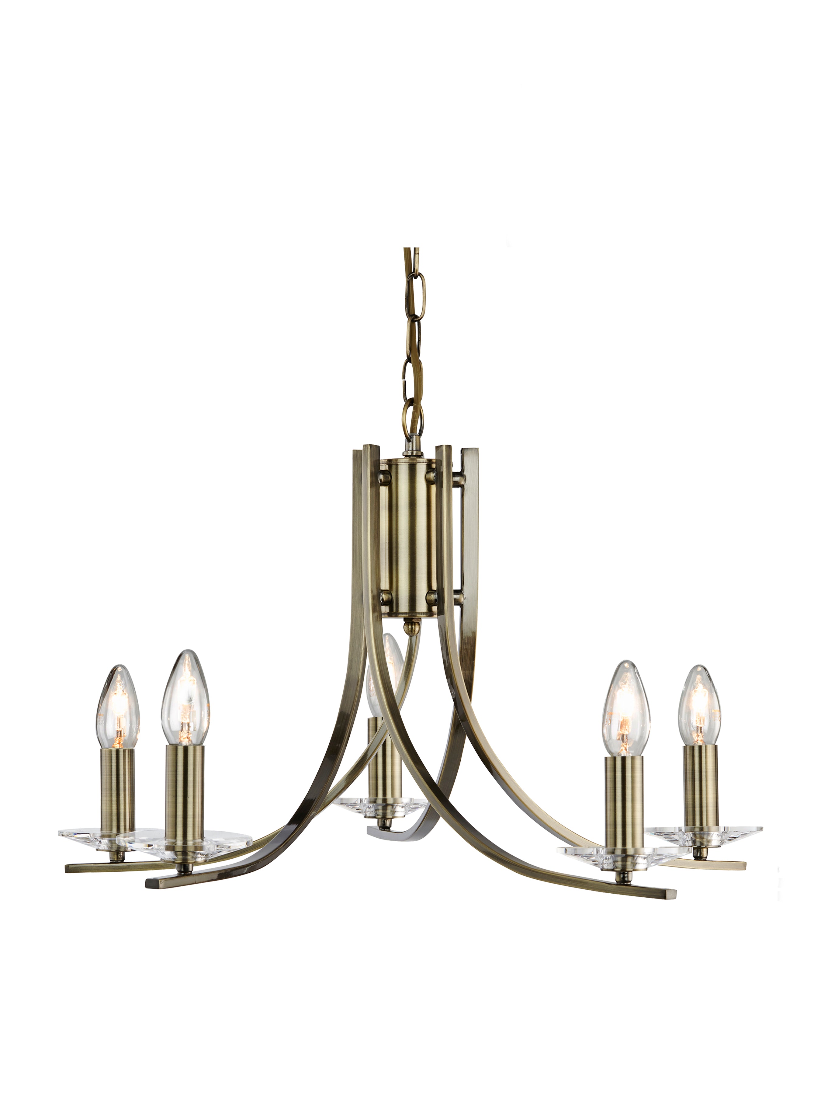 Searchlight Archer Antique Brass 5 Light Pendant Fitting With Clear Glass Sconces