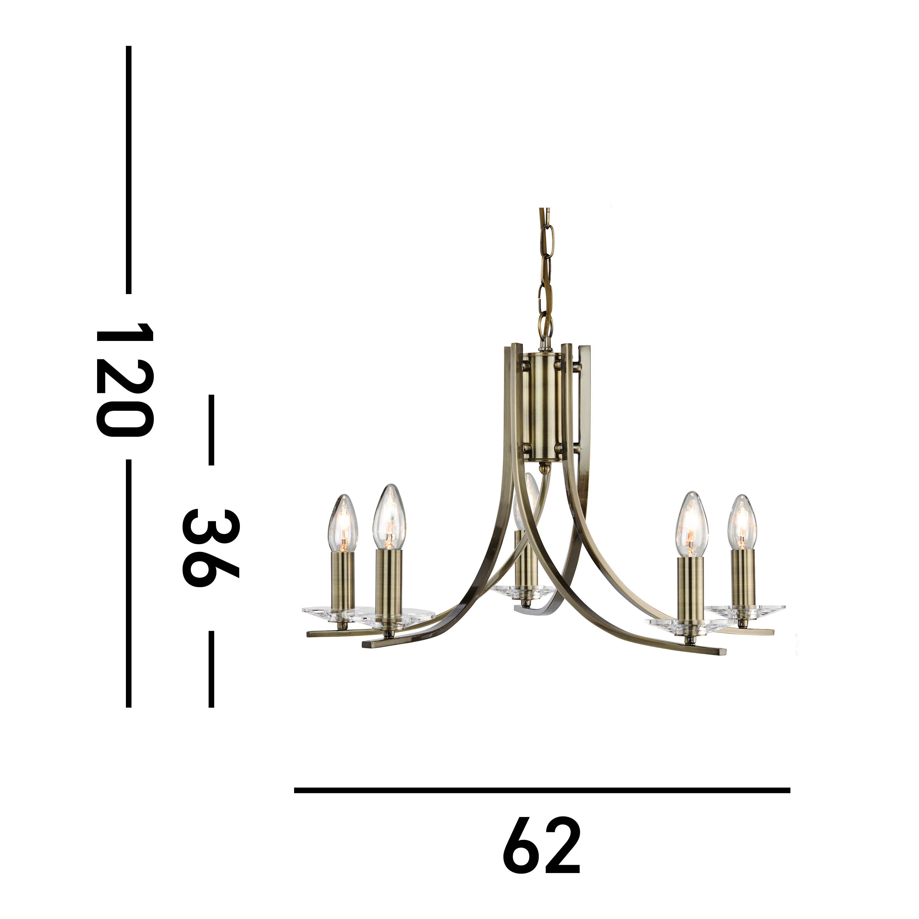 Searchlight Archer Antique Brass 5 Light Pendant Fitting With Clear Glass Sconces