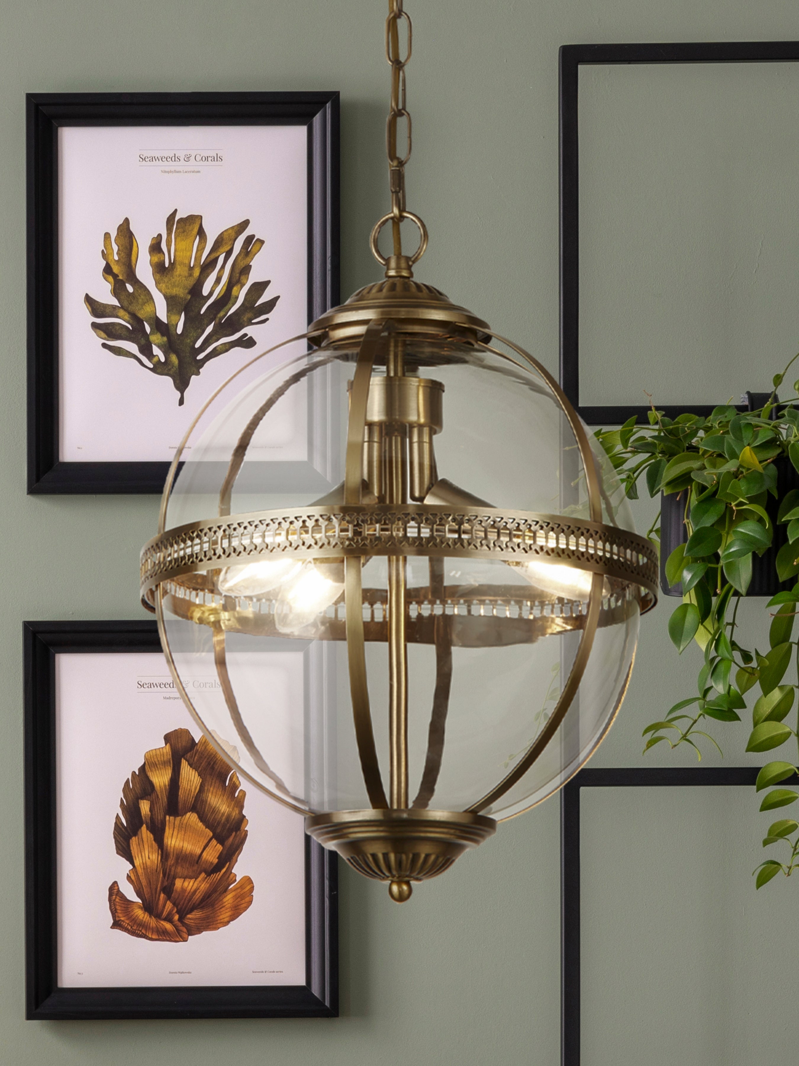 Searchlight Cedardale 3 Light Pendant - Antique Brass & Glass