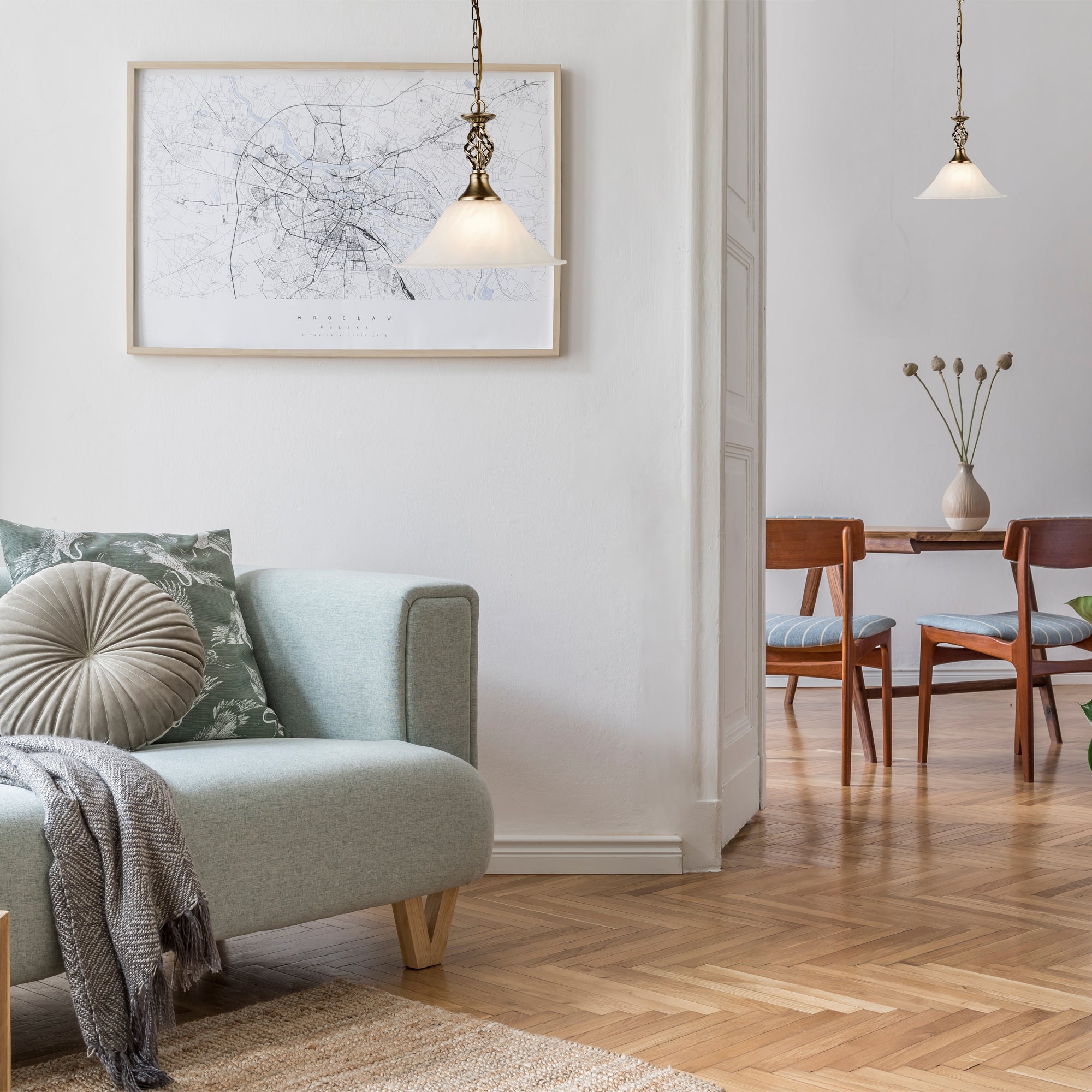 Searchlight Caird Antique Brass Pendant Light With Marble Glass Shade
