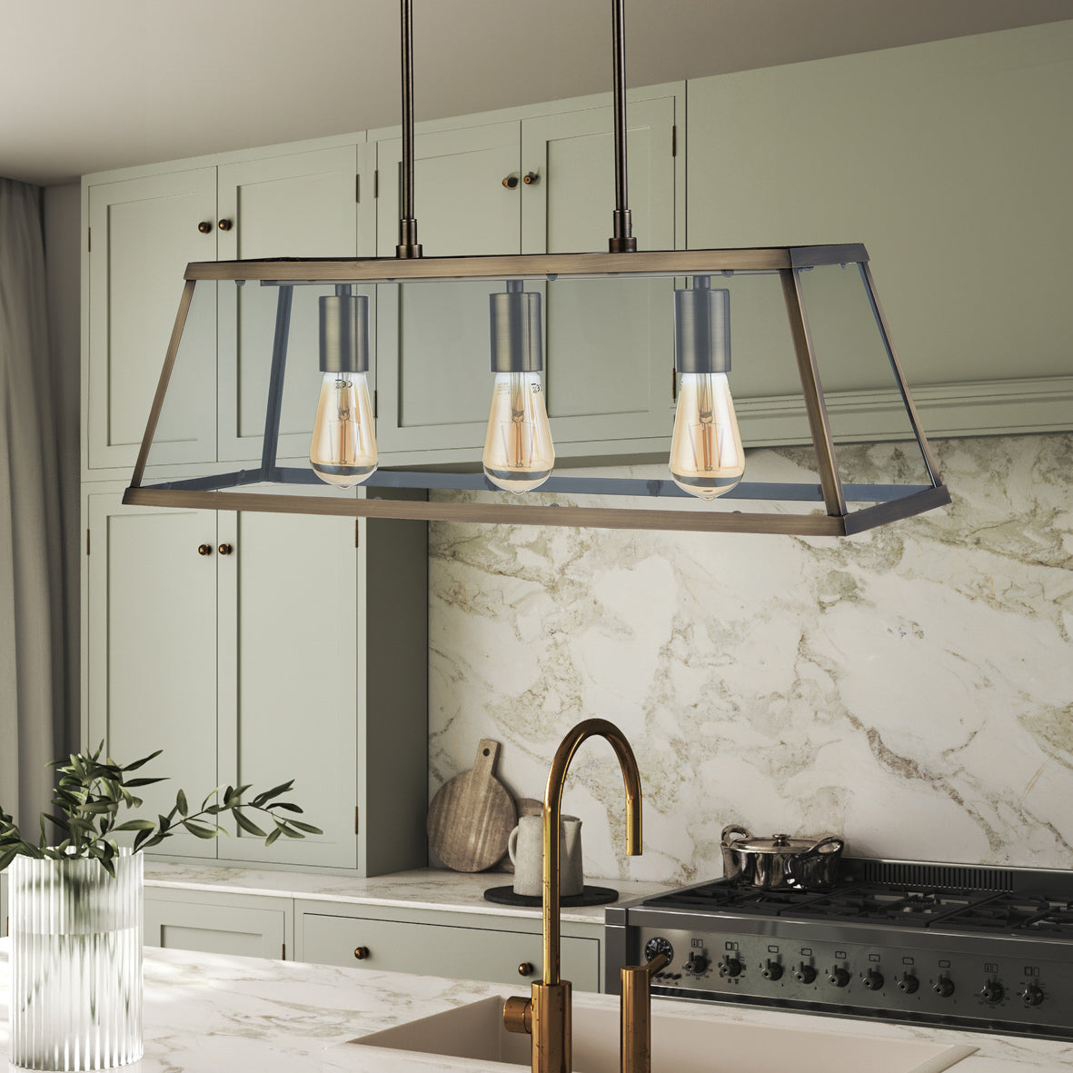 Searchlight Vane 3 Light Lantern Bar, Antique Brass, Glass