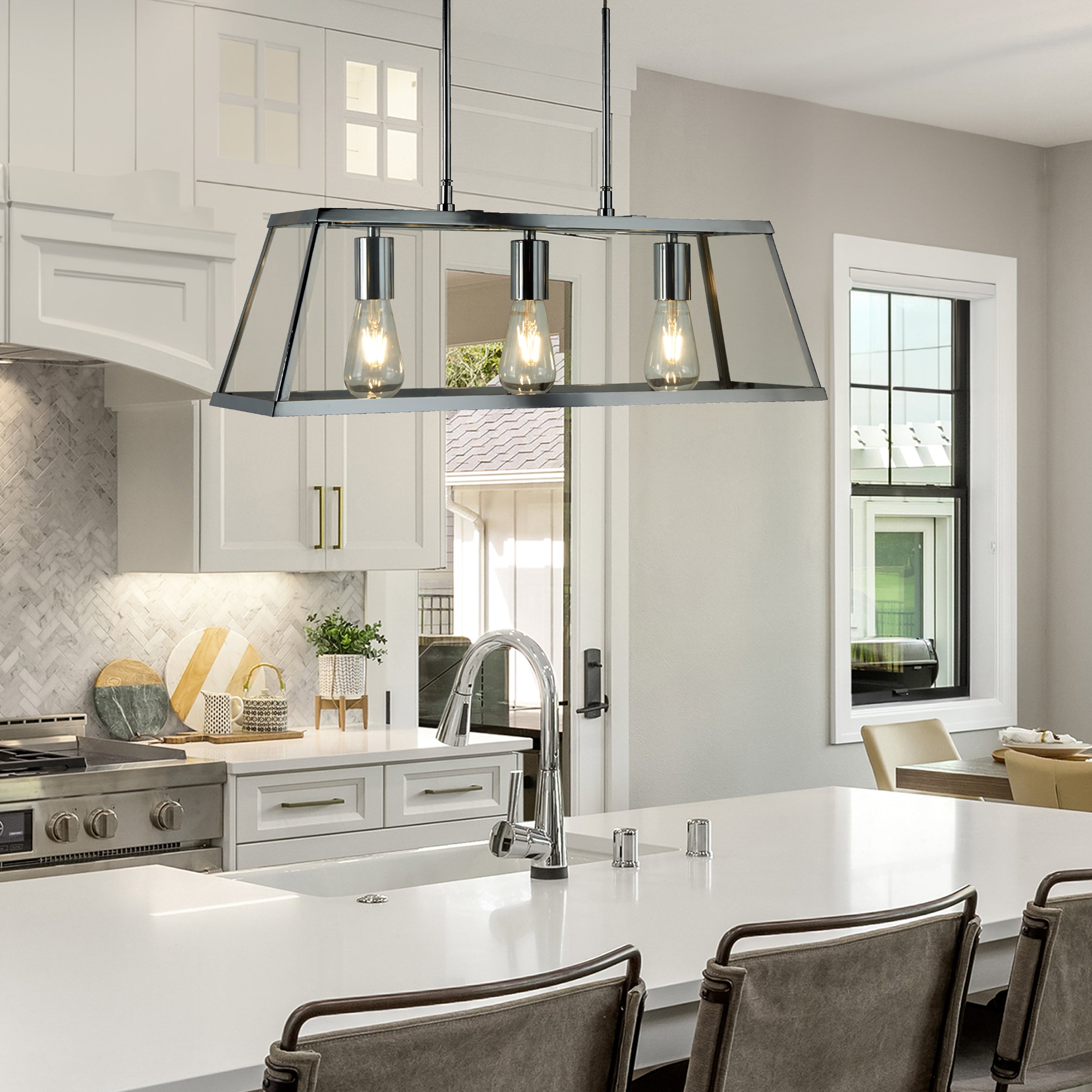 Searchlight Vane 3 Light Lantern Bar, Chrome, Glass