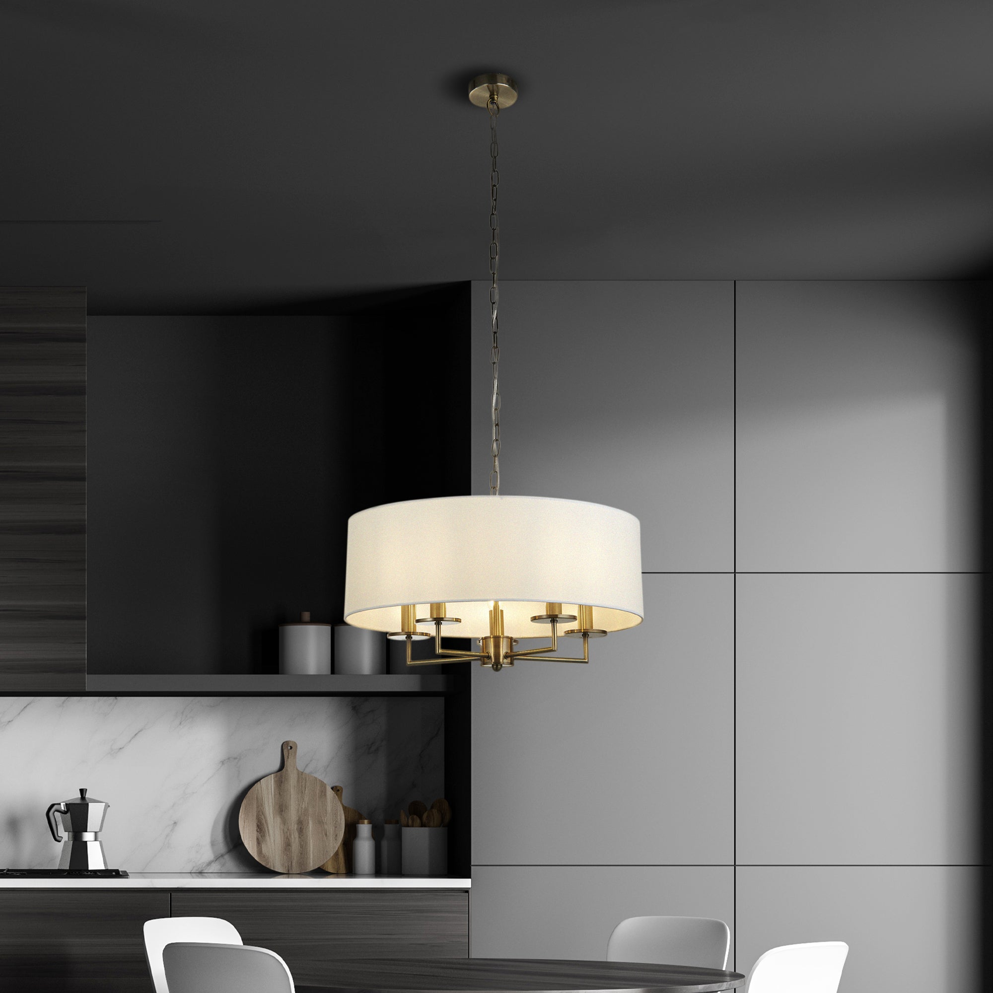 Searchlight James 5 Light Pendant - Antique Brass & White Linen Shade