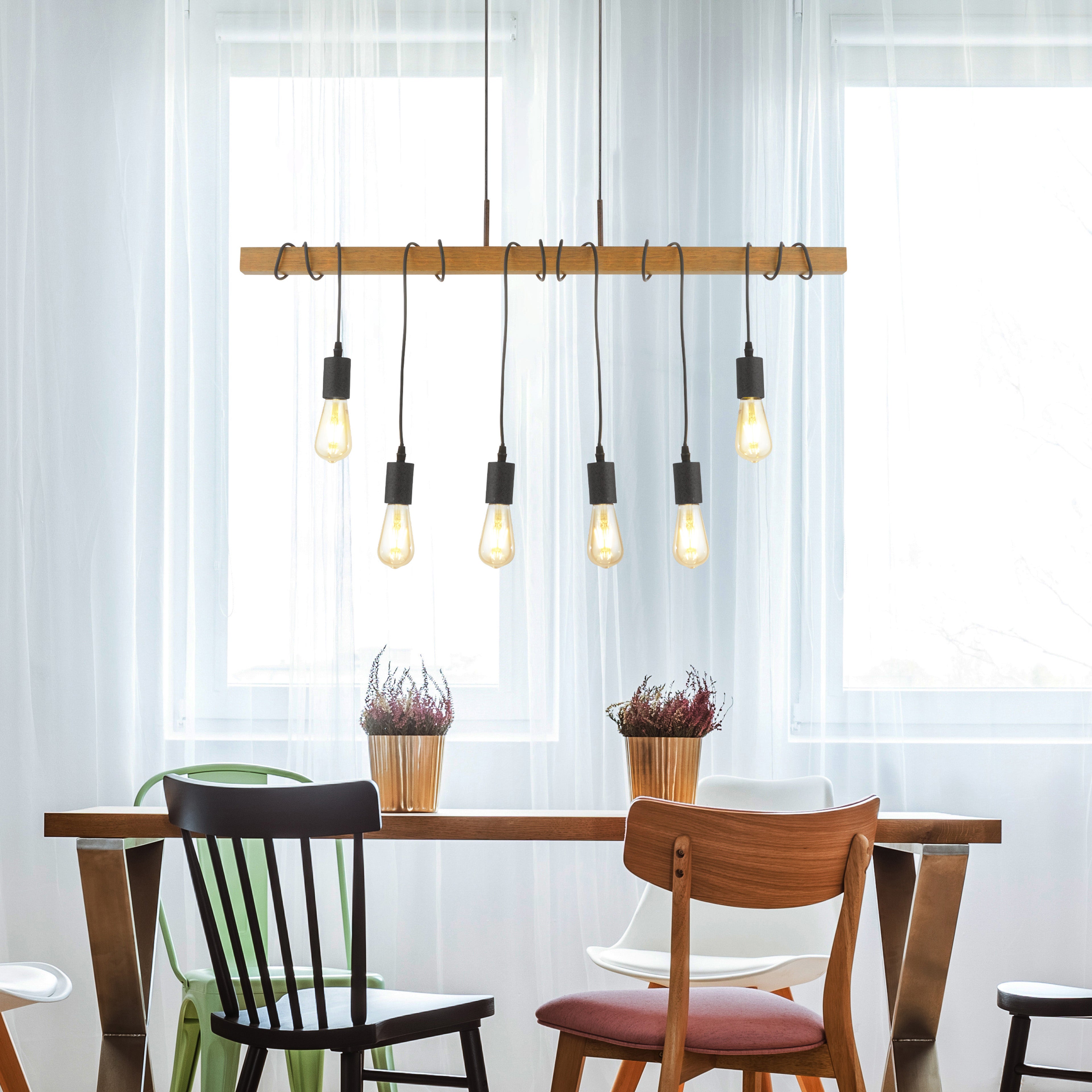 Searchlight Barlow 6 Light Pendant - Black & Wood