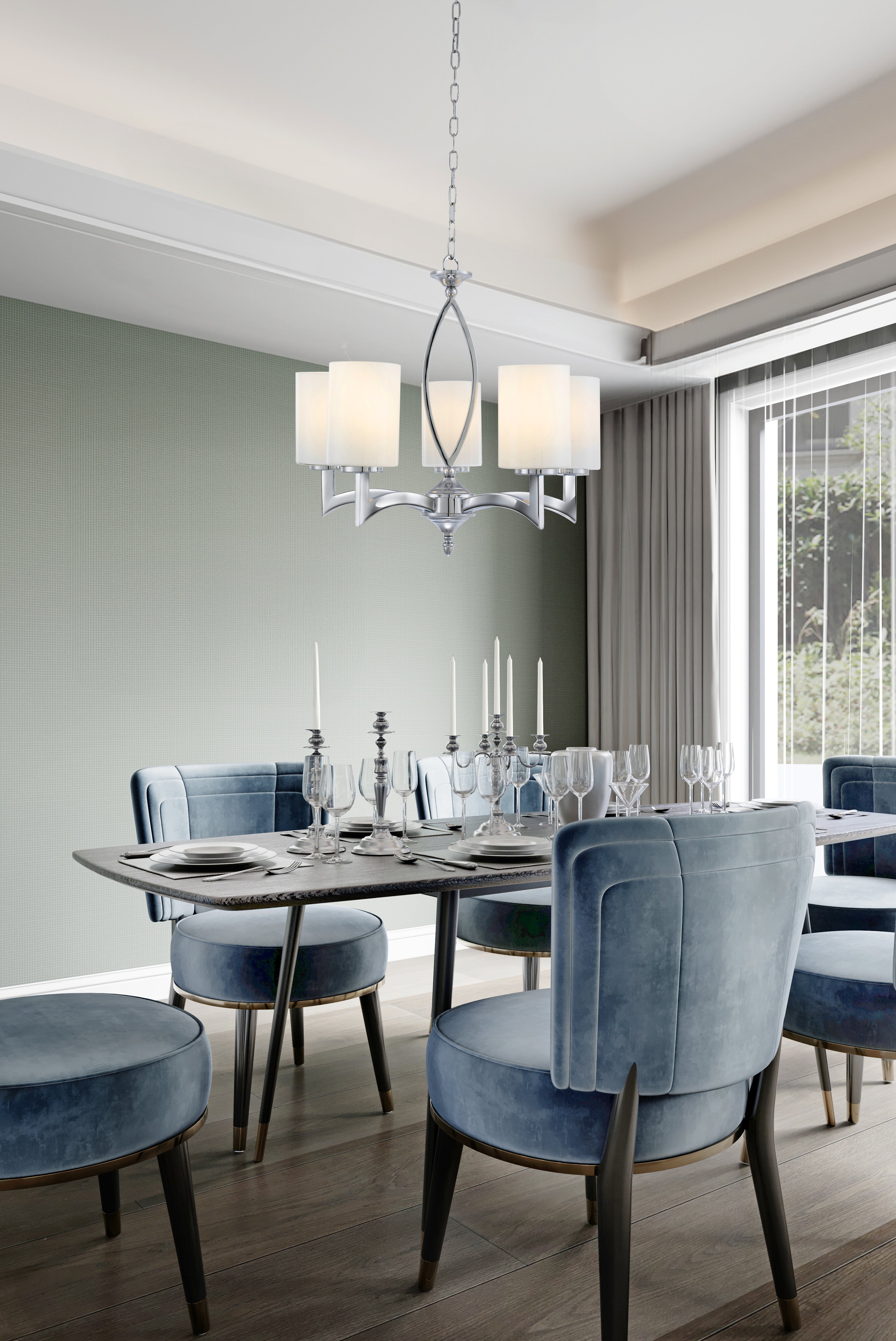 Searchlight Gascoyne - 5 Light Ceiling, Chrome, White Glass Shades