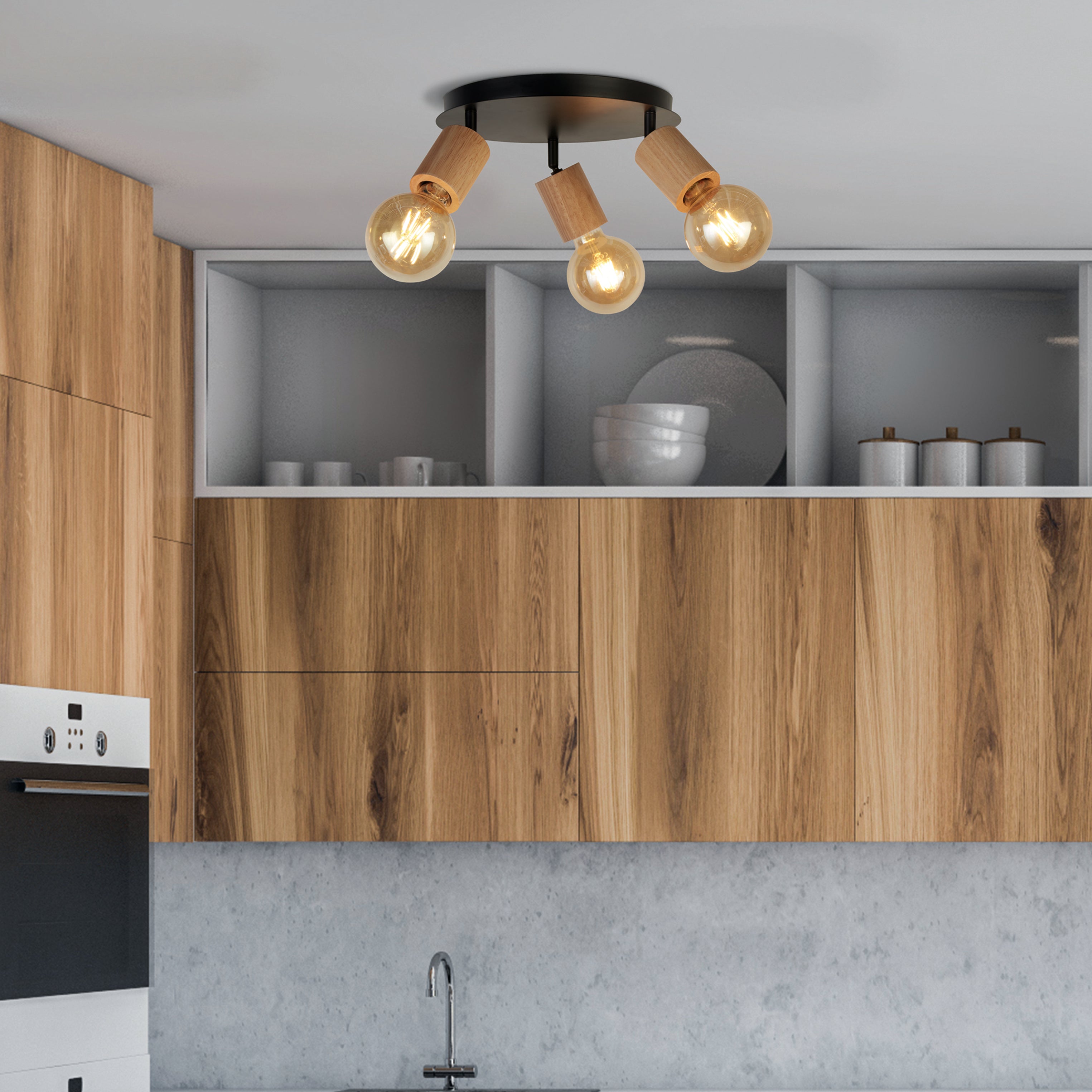 Searchlight South 3 Light Round Spotlight- Wood & Black Metal