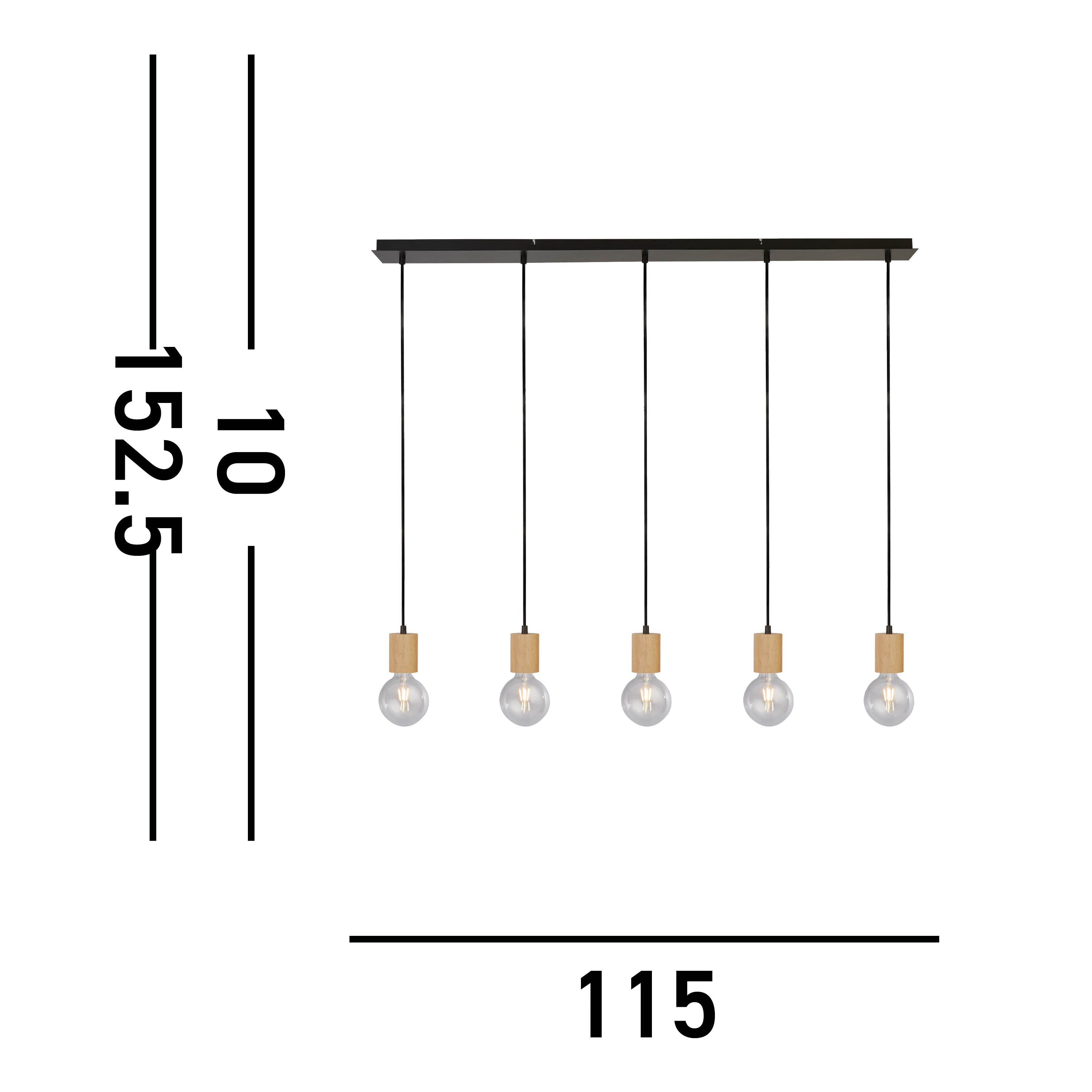 Searchlight South 5 Light Bar Ceiling Pendant- Wood & Black Metal