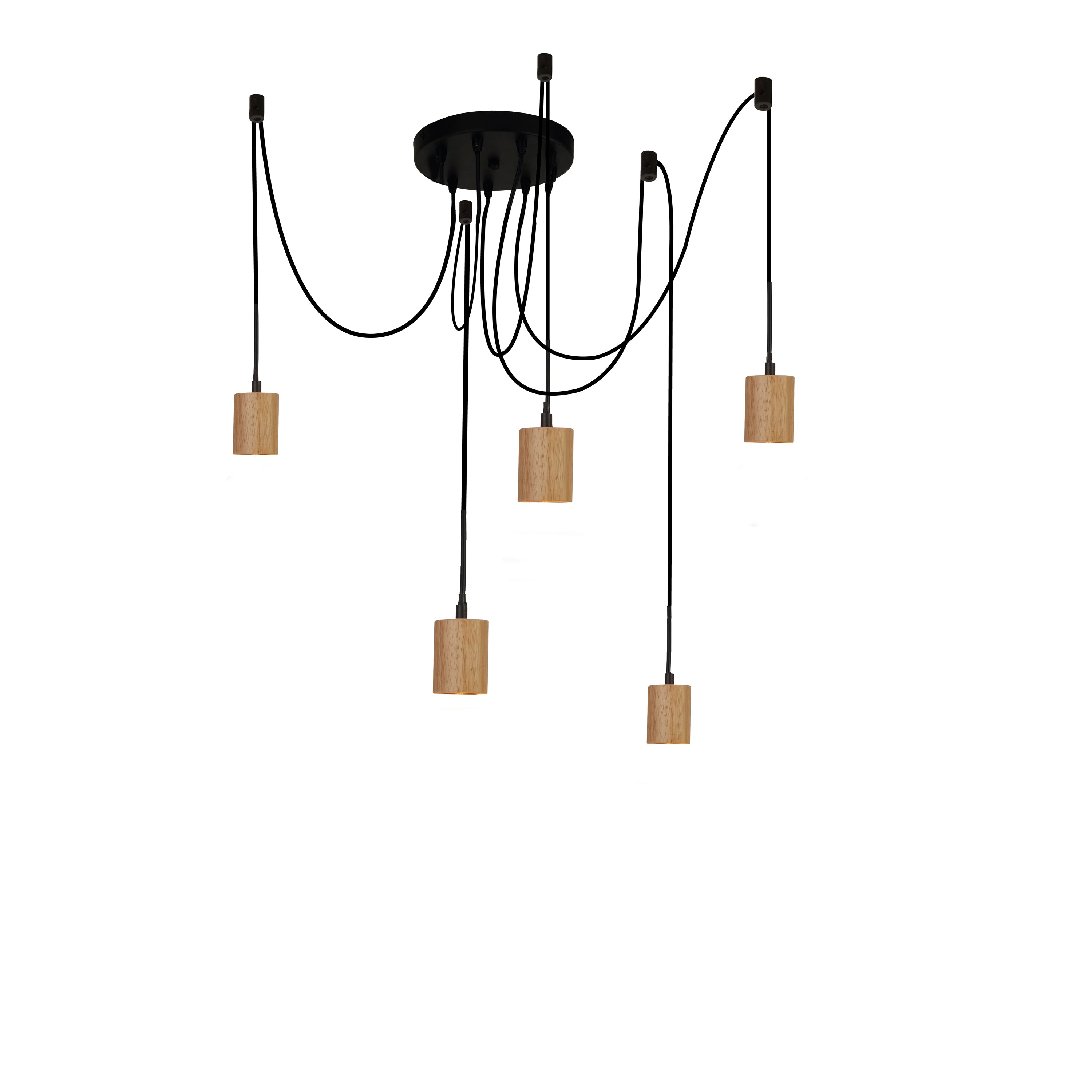 Searchlight South 5 Light Ceiling Pendant - Wood & Black Metal