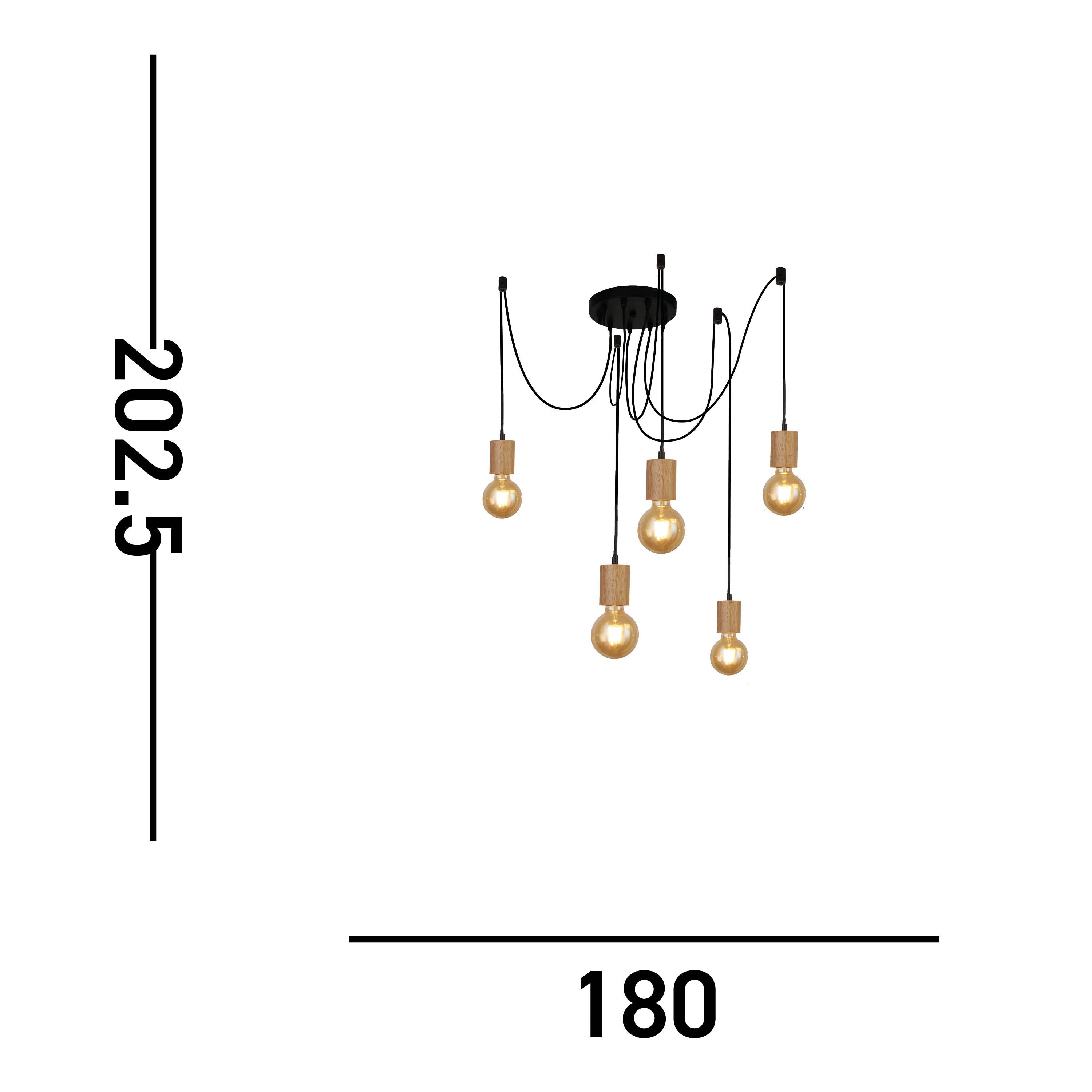 Searchlight South 5 Light Ceiling Pendant - Wood & Black Metal