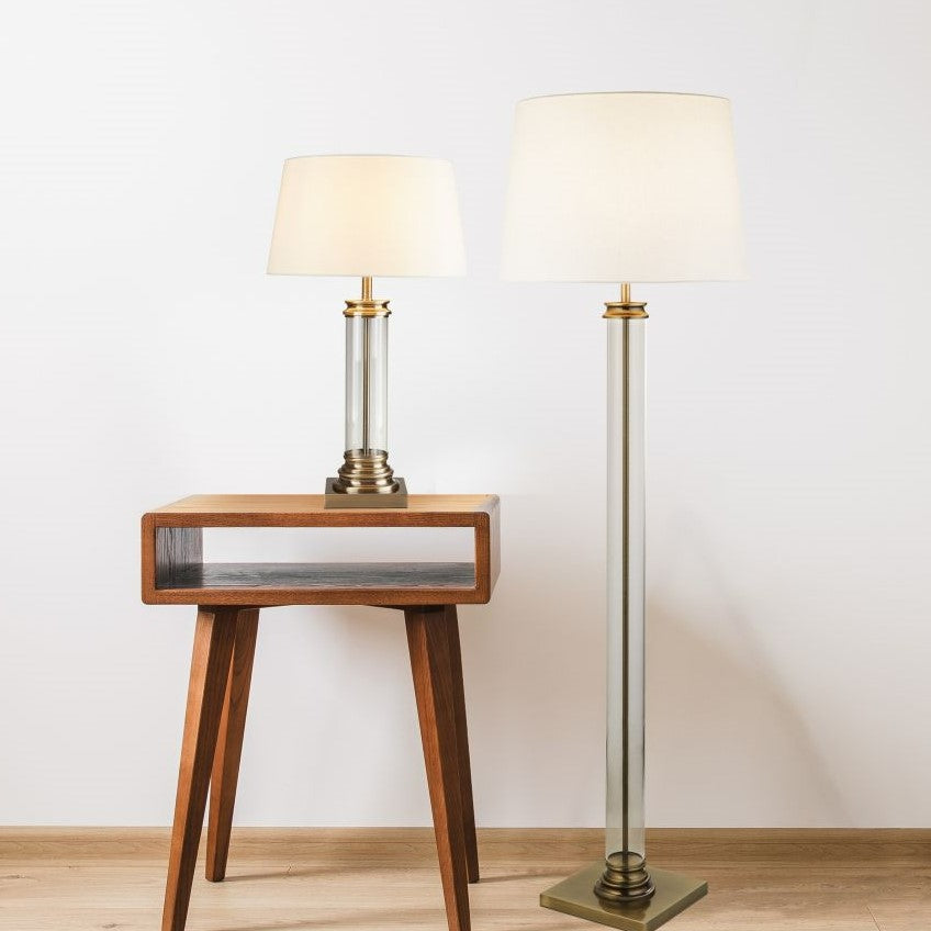 Searchlight Paulton Table Lamp - Glass Column & Antique Brass Base, Cream Shade
