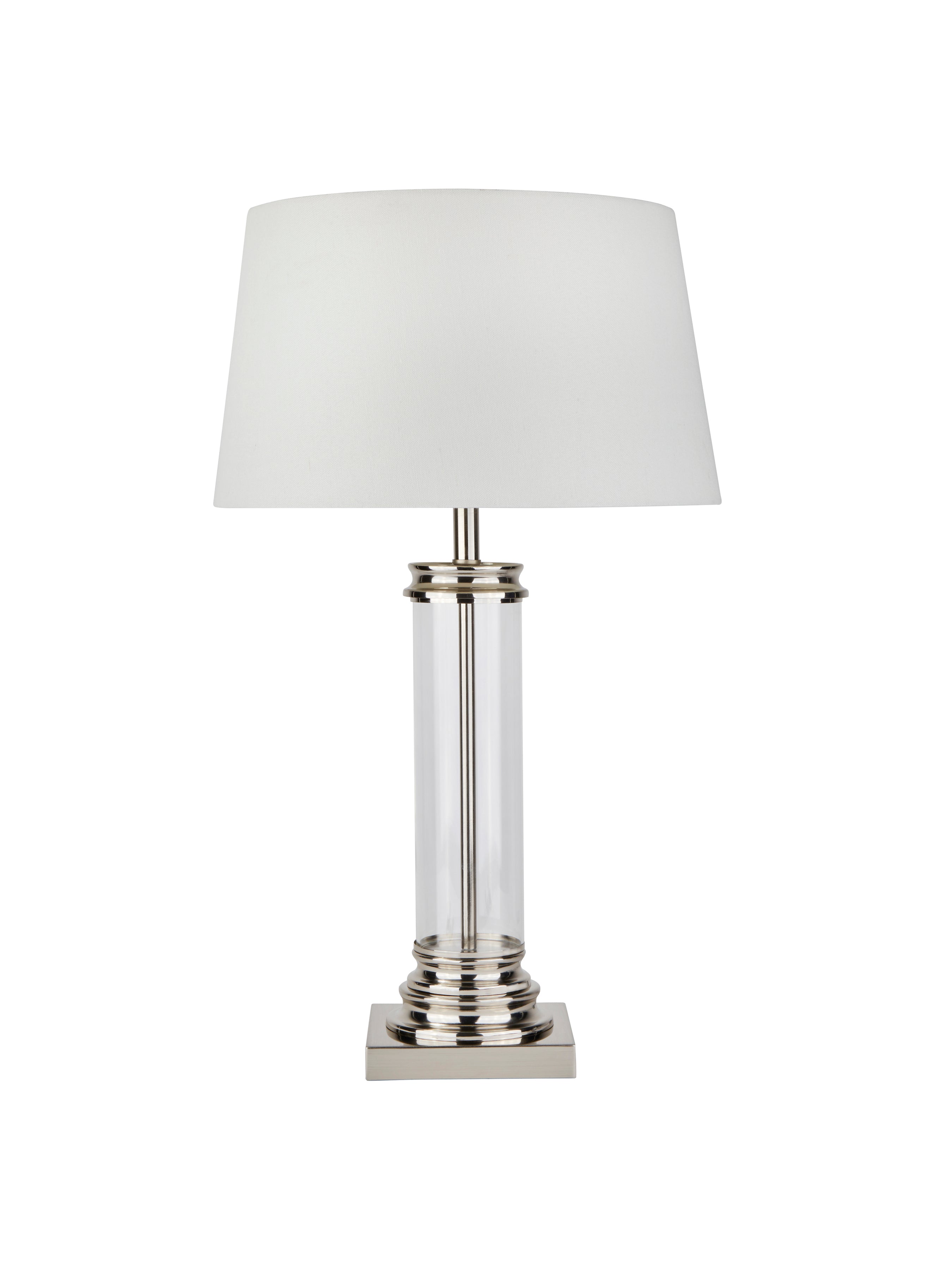 Searchlight Paulton Table Lamp - Glass Column & Satin Silver Base, Cream Shade