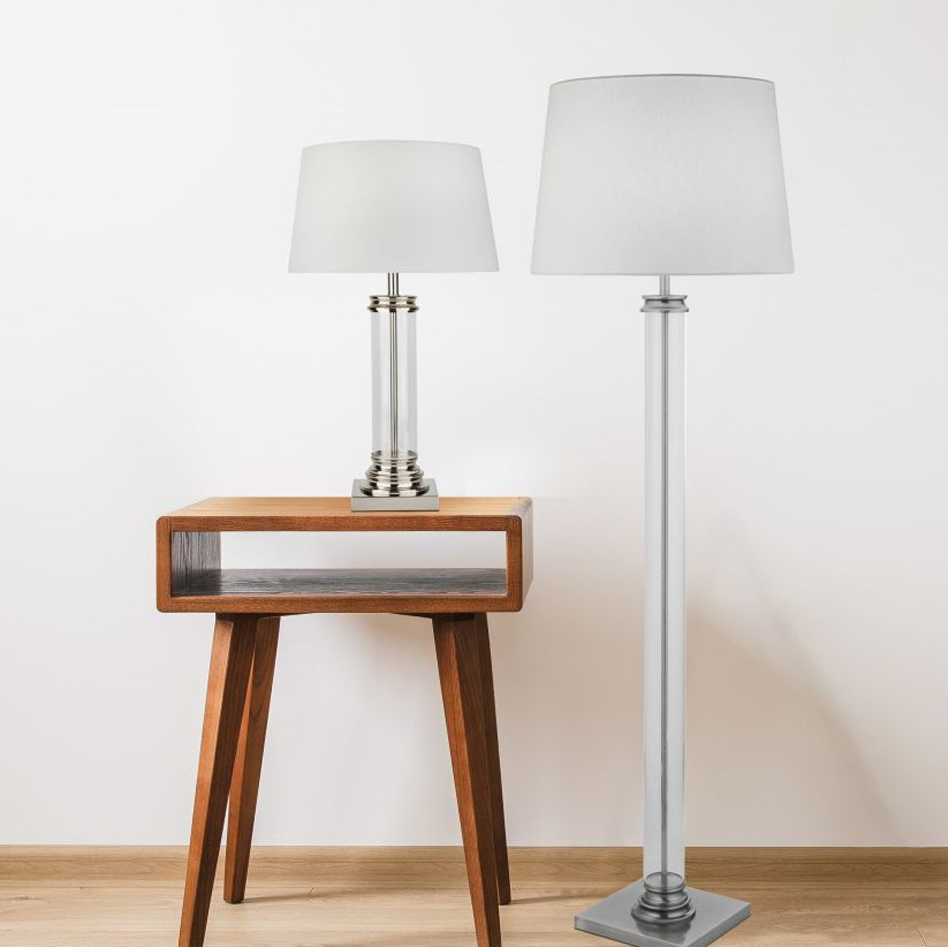Searchlight Paulton Table Lamp - Glass Column & Satin Silver Base, Cream Shade