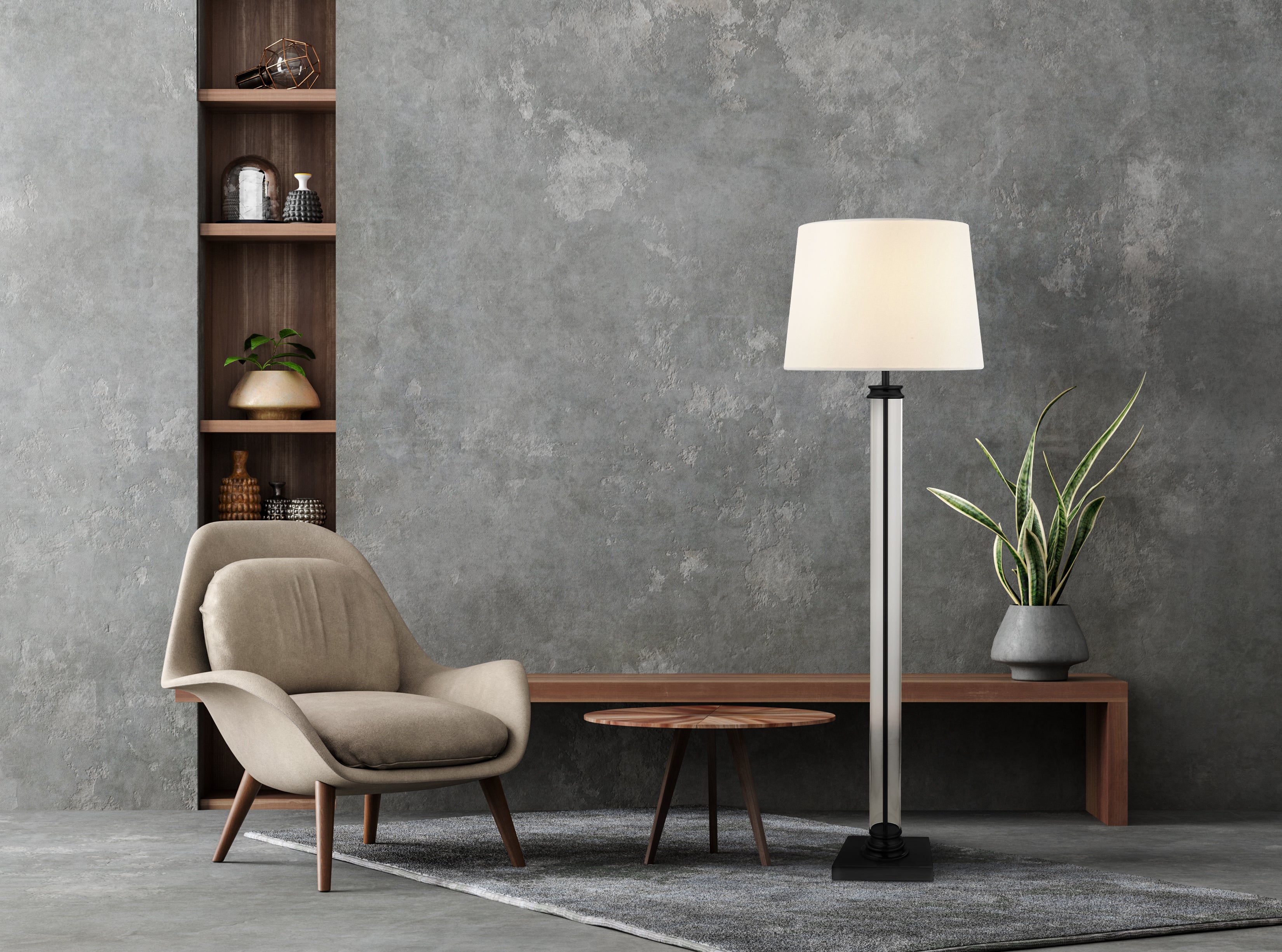 Searchlight Paulton Floor Lamp - Black, Glass & White Fabric Shade