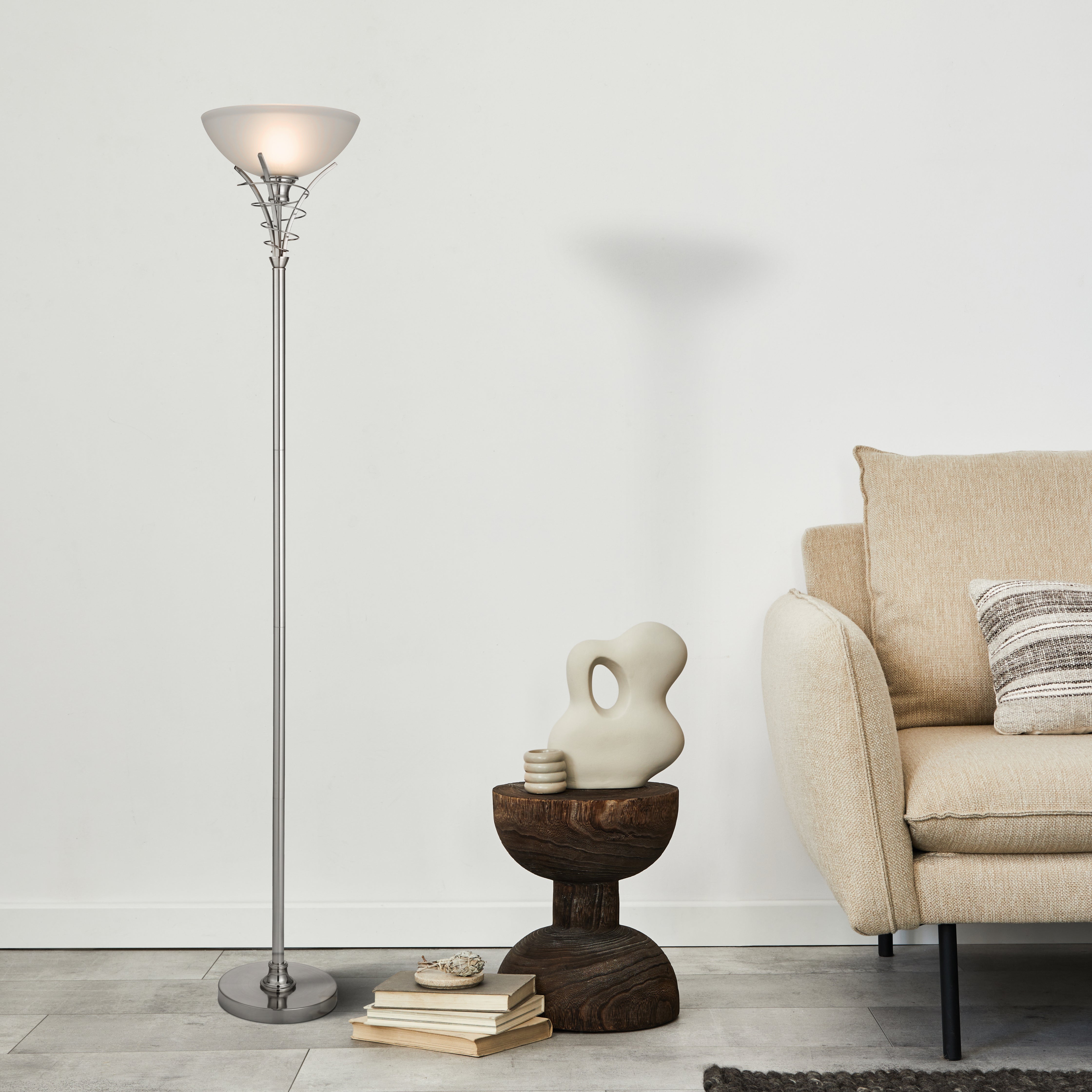 Searchlight Langrove Satin Silver Floor Lamp With Twist Centre & Dome Opal Glass