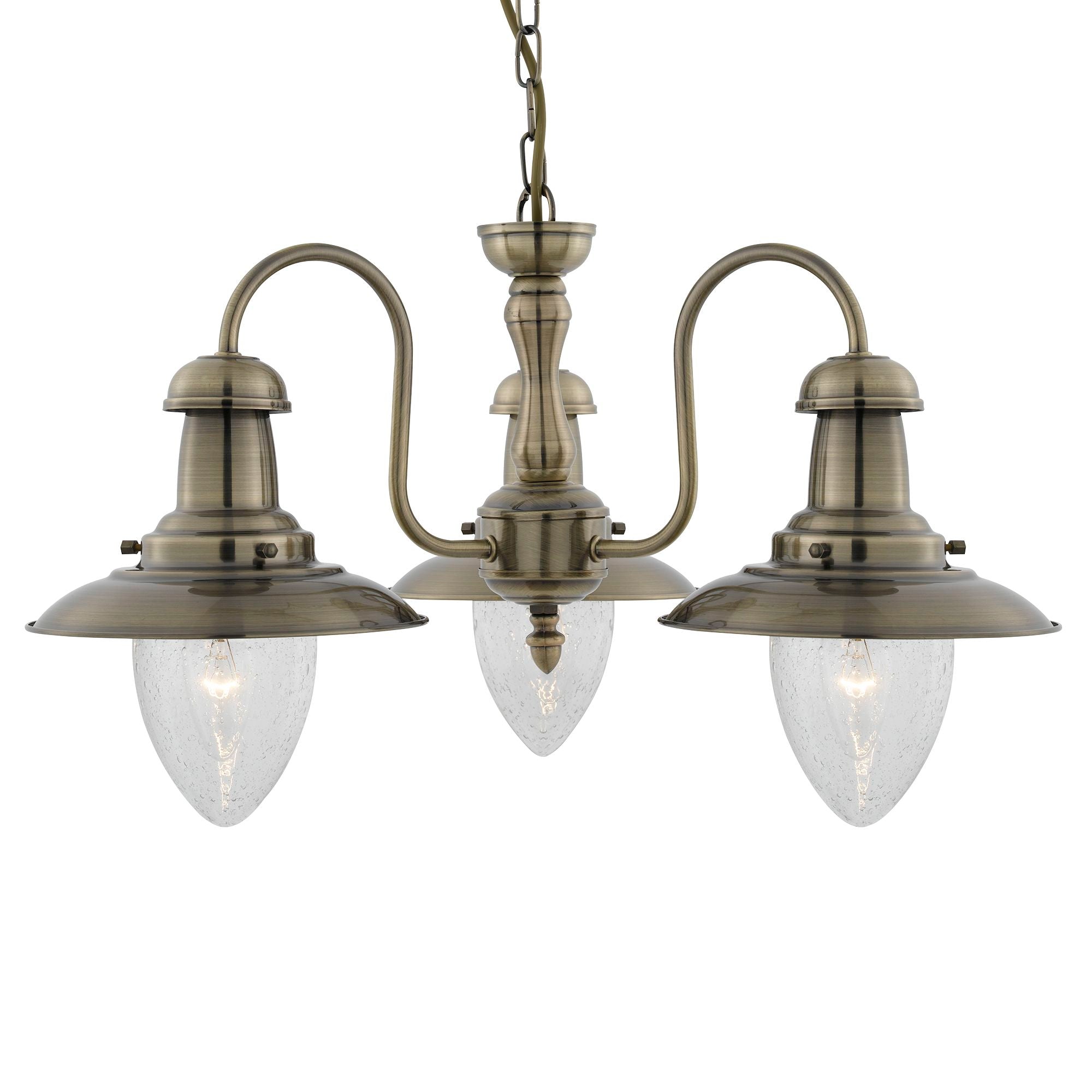 Searchlight Falkland - 3 Light Ceiling Pendant, Antique Brass With Seeded Glass Shades