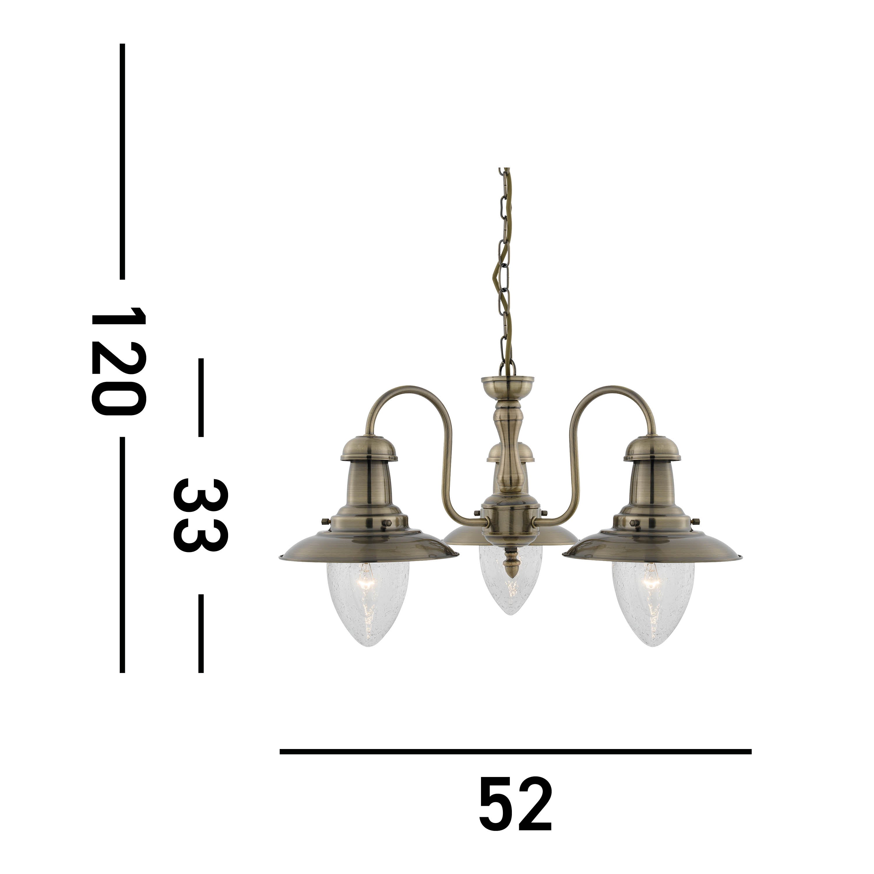 Searchlight Falkland - 3 Light Ceiling Pendant, Antique Brass With Seeded Glass Shades