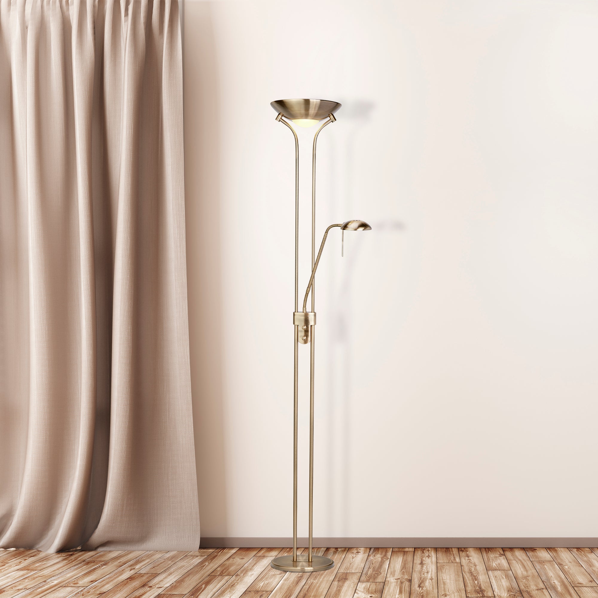 Searchlight Merlin Mother & Child LED Dimmable Floor Lamp - Antique Brass